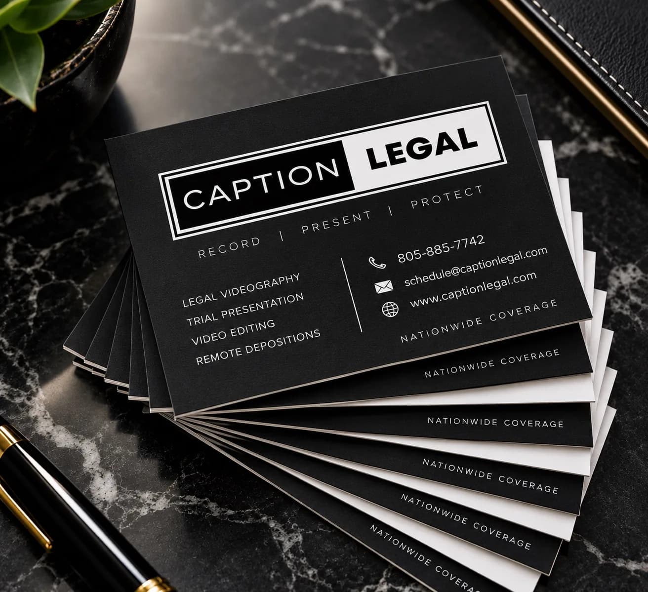 Caption Legal business cards arranged on a surface