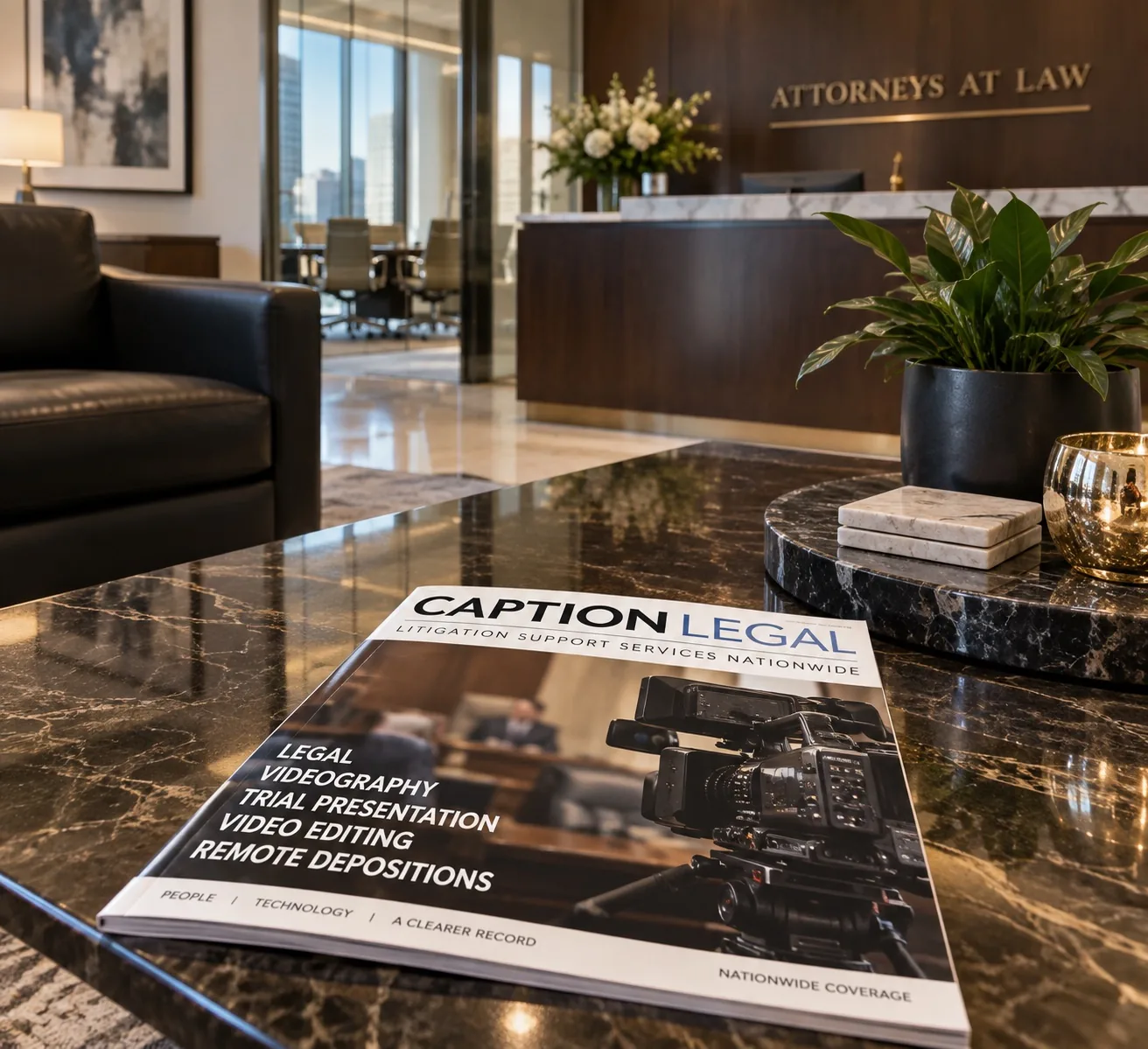 Caption Legal cards and brochures in a law-office reception area
