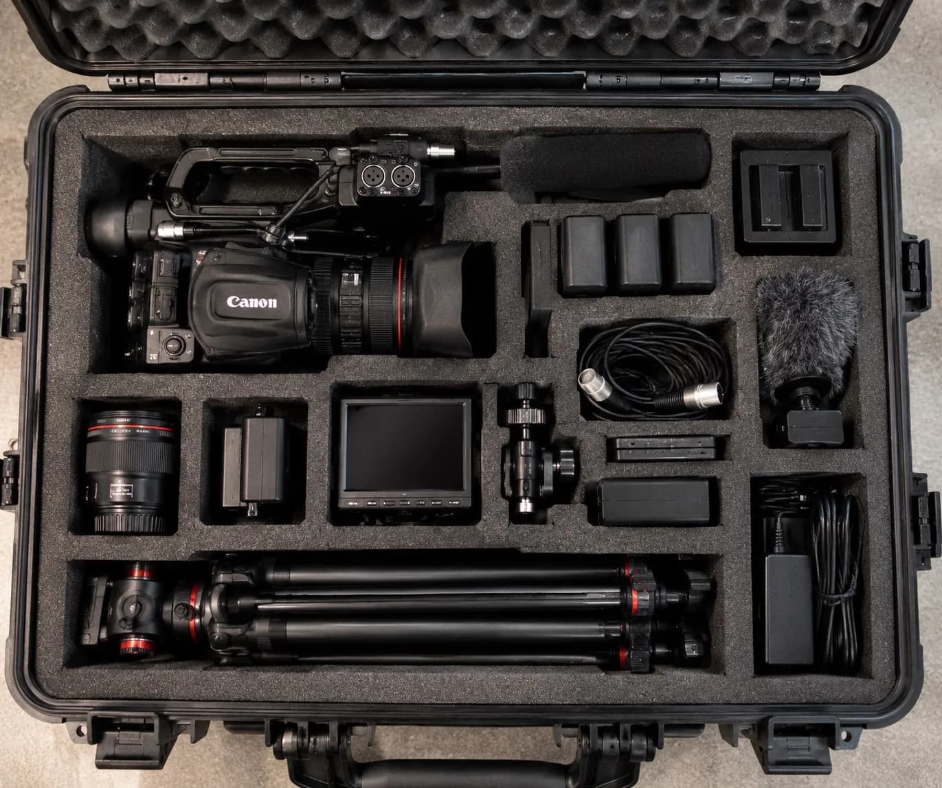 Open case containing professional video-production equipment