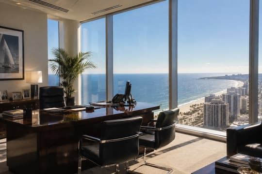 Contemporary conference room overlooking a downtown skyline
