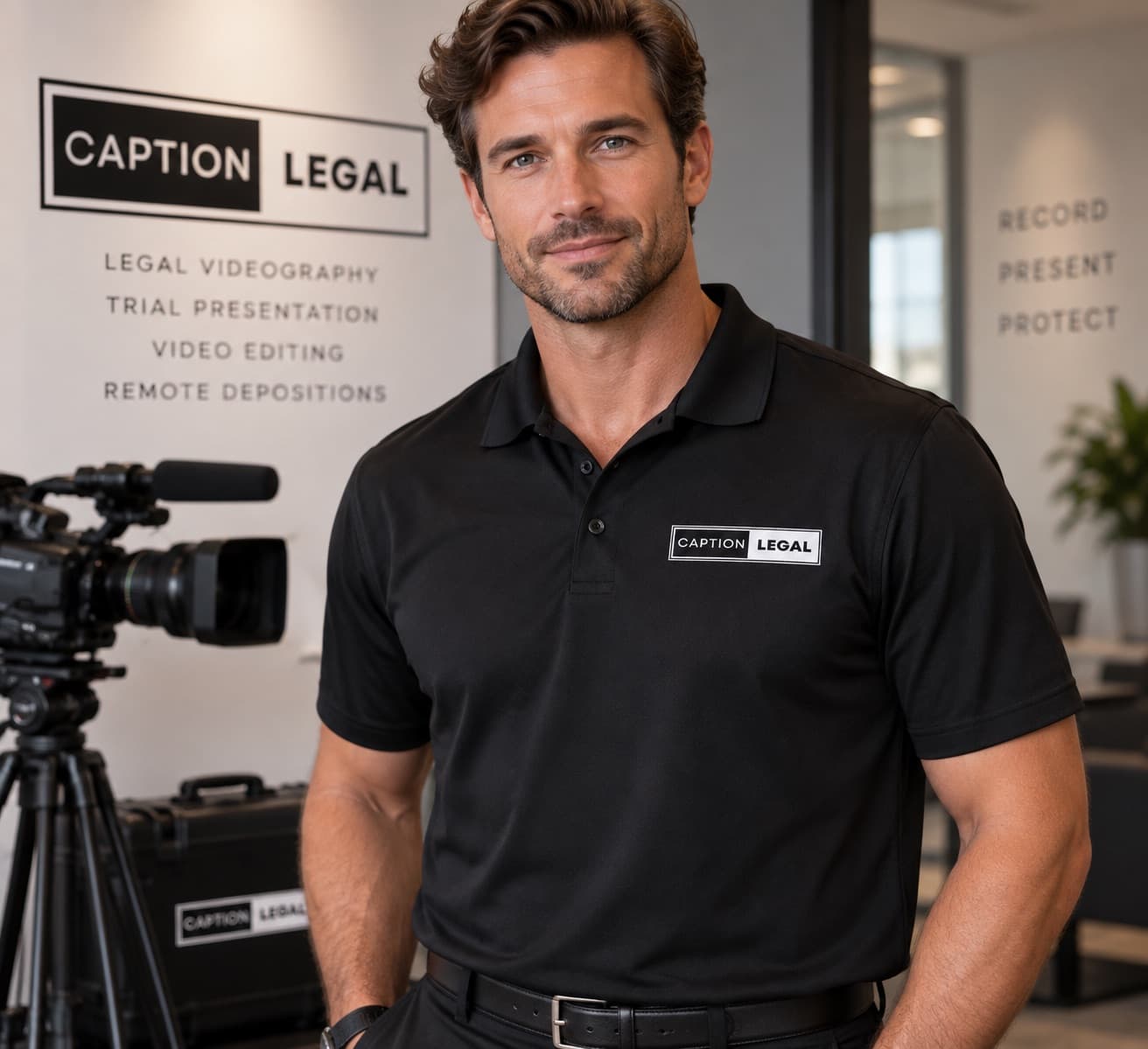 Caption Legal videographer standing beside professional camera equipment