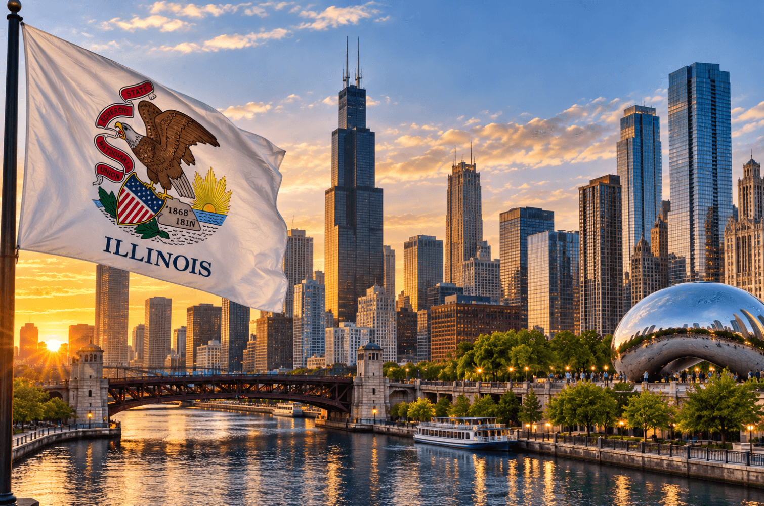 Illinois flag overlooking the Chicago skyline at sunset