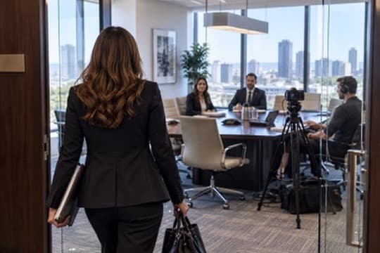 Legal professional entering a conference room prepared for an in-person deposition