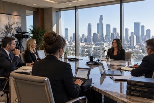 Attorney questioning a witness in a conference-room deposition