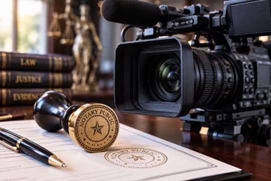 Professional video camera beside legal documents, a gavel, and scales of justice