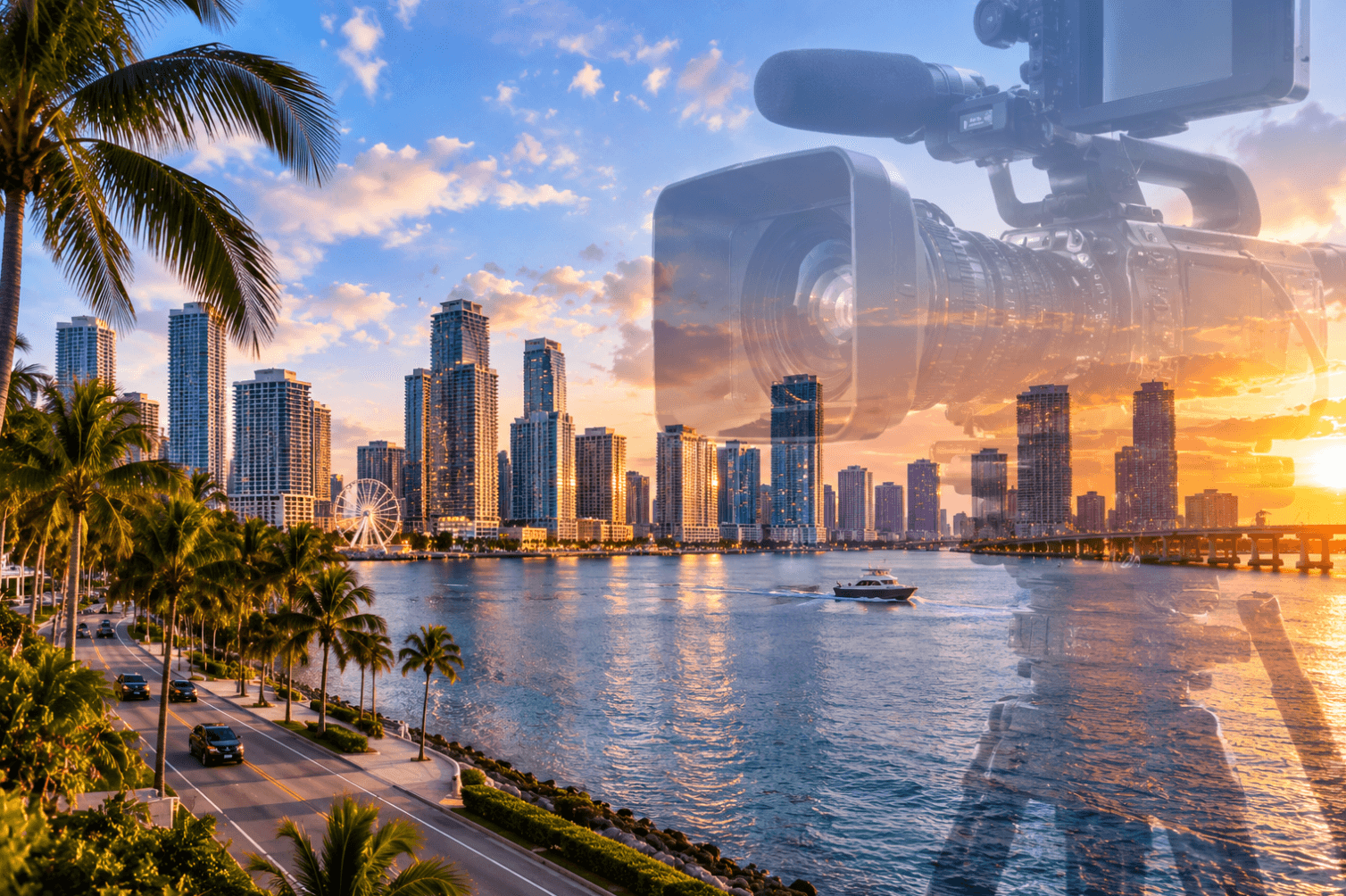Miami waterfront skyline framed by palm trees at sunset