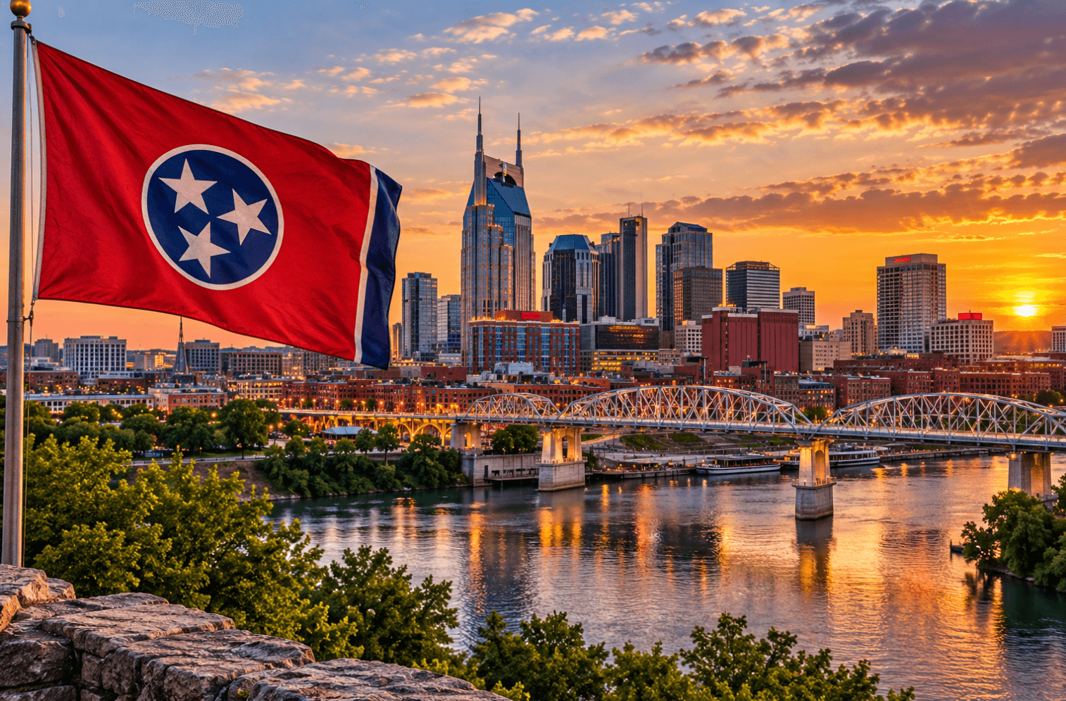 Tennessee flag overlooking the Nashville skyline at sunset