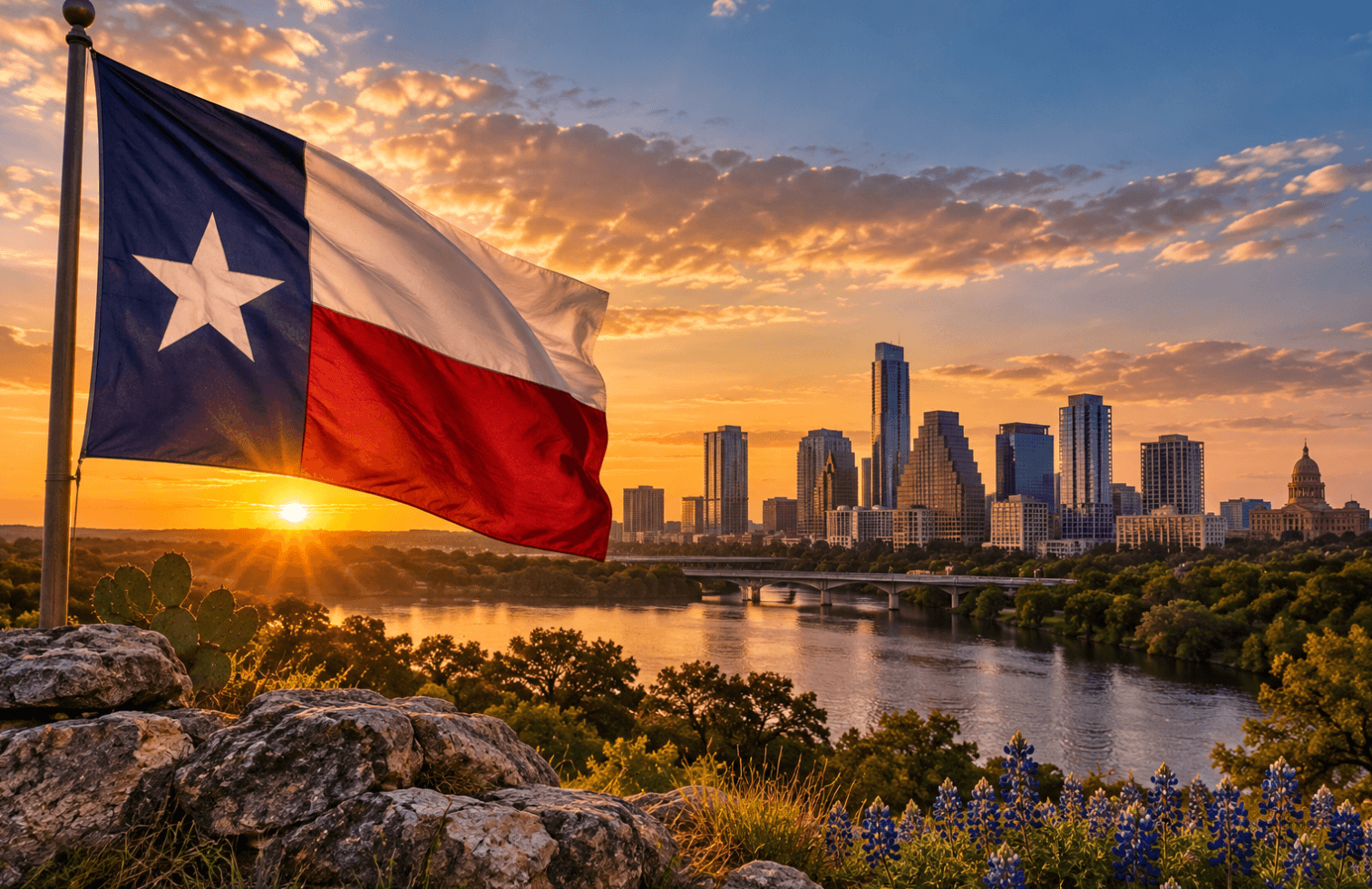 Texas flag overlooking a downtown skyline at sunset