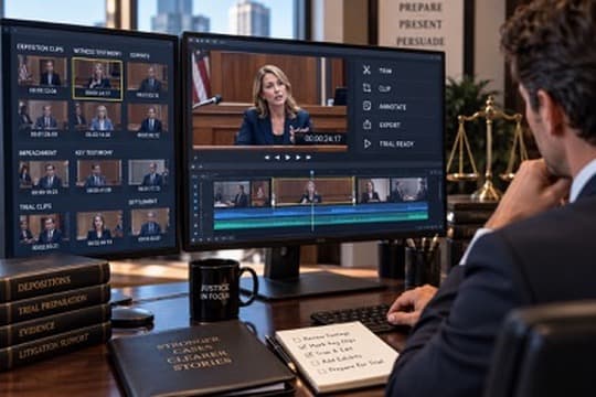 Legal video editor reviewing deposition footage in a professional editing suite