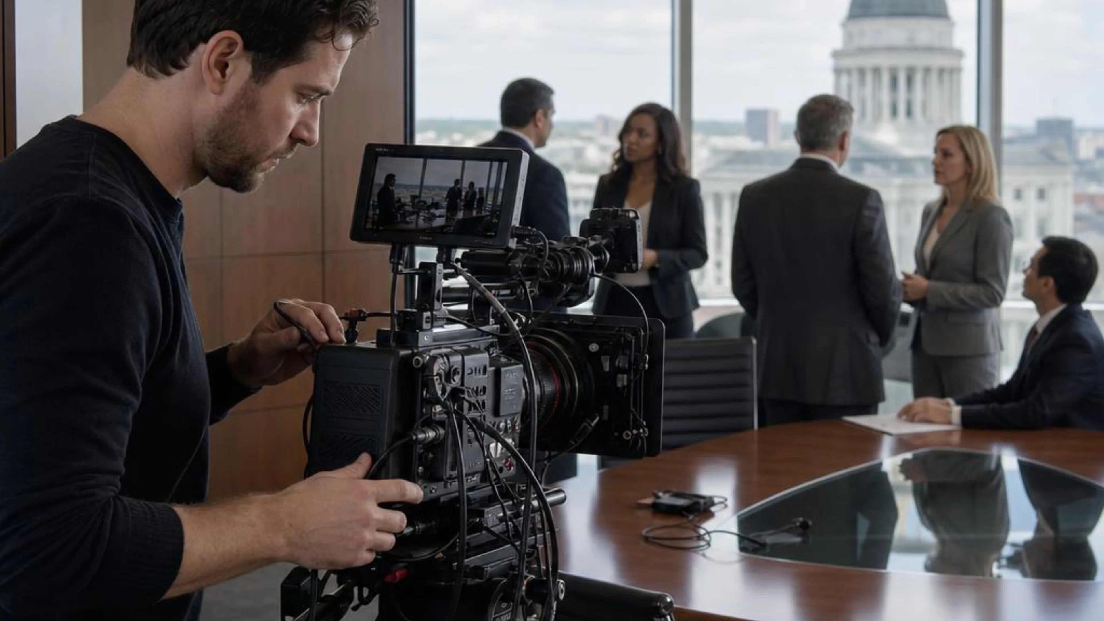 Legal videographer preparing professional camera and audio equipment for a proceeding in Alabama, with Birmingham civic architecture beyond the conference room