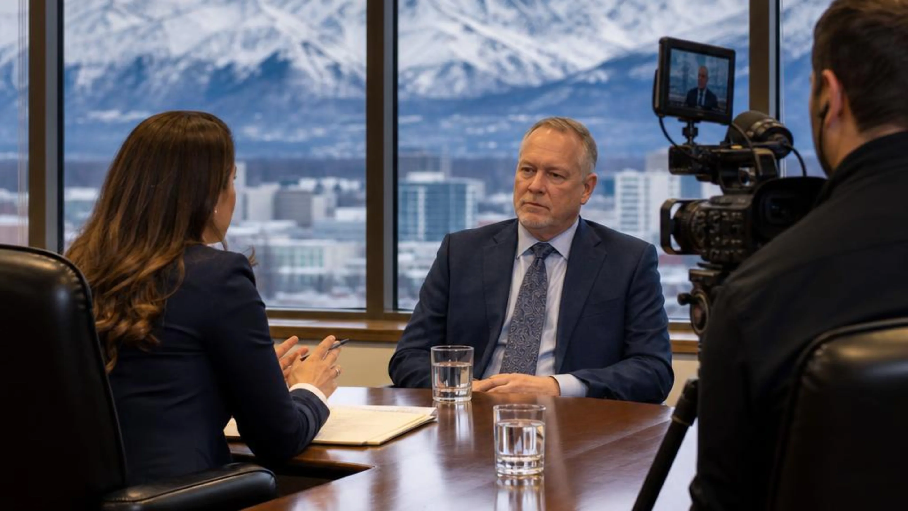 Videotaped deposition in Alaska with counsel questioning a witness while a professional legal video camera records the testimony