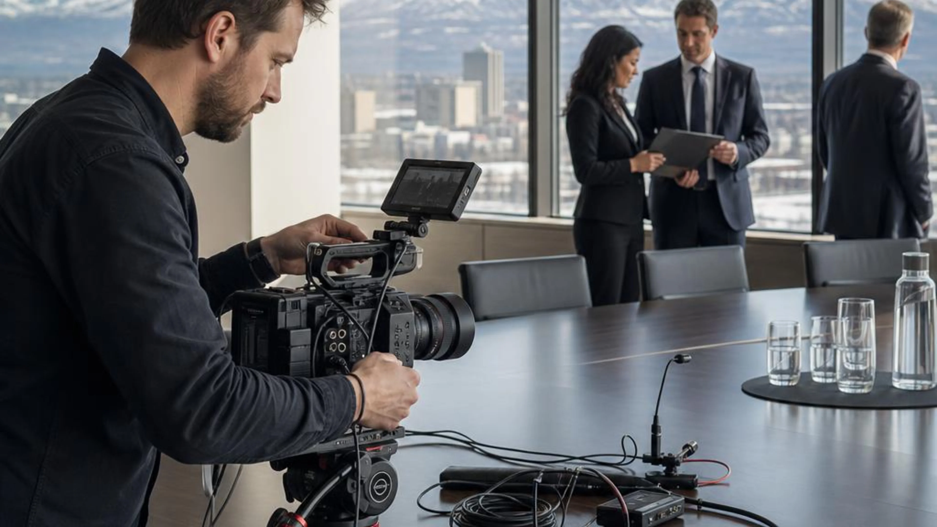 Legal videographer preparing professional camera and audio equipment for a proceeding in Alaska, with Anchorage and the Chugach Mountains beyond the conference room