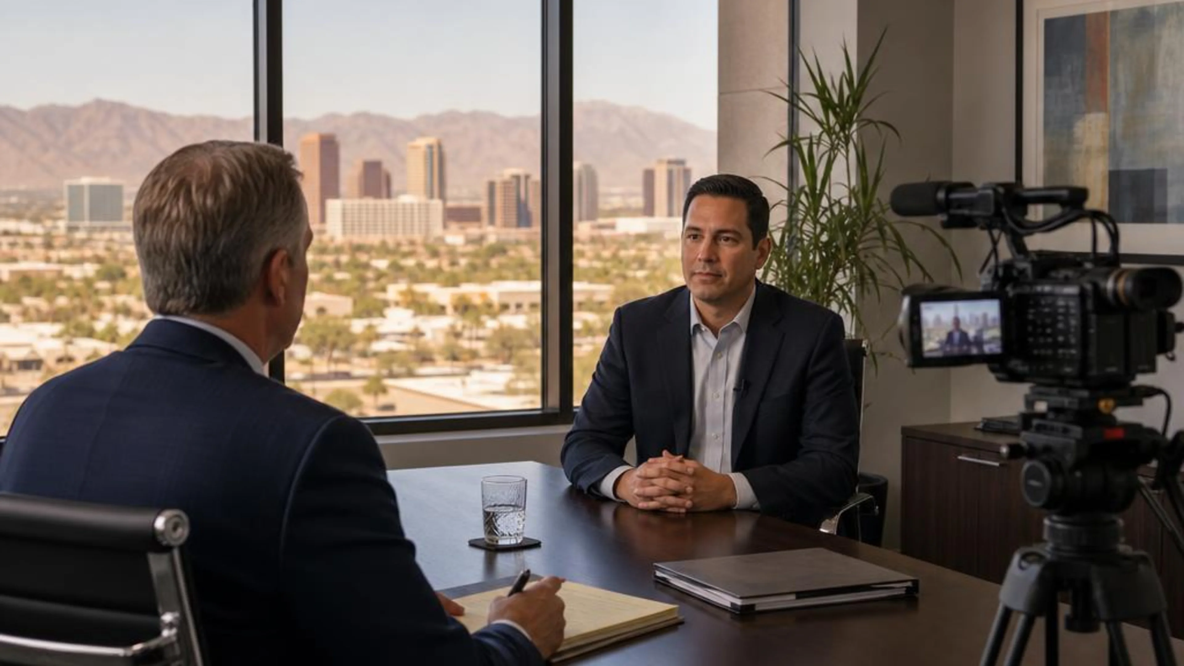 Videotaped deposition in Arizona with counsel questioning a witness while a professional legal video camera records the testimony