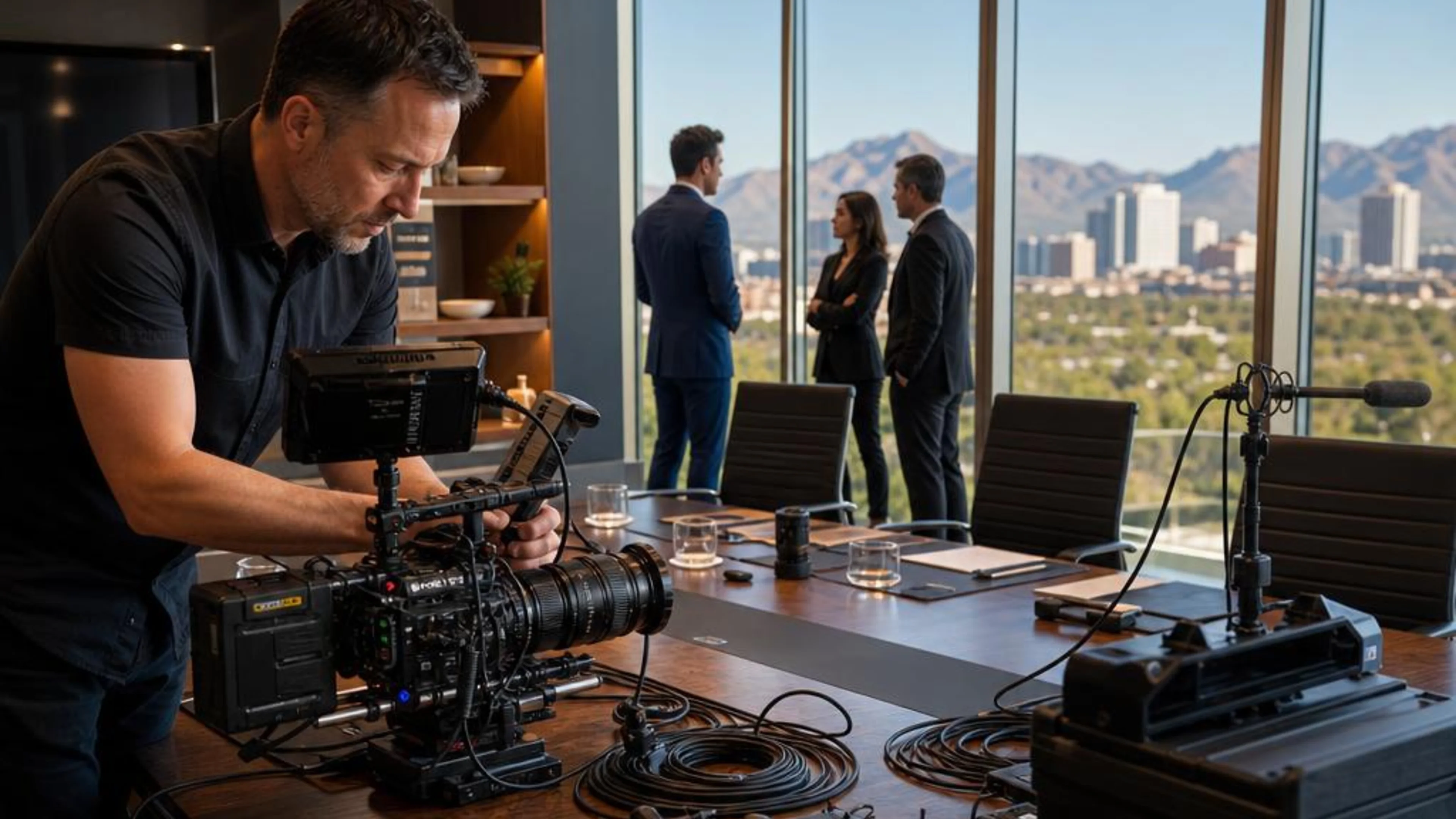 Legal videographer preparing professional camera and audio equipment for a proceeding in Arizona, with Phoenix and the Sonoran Desert beyond the conference room