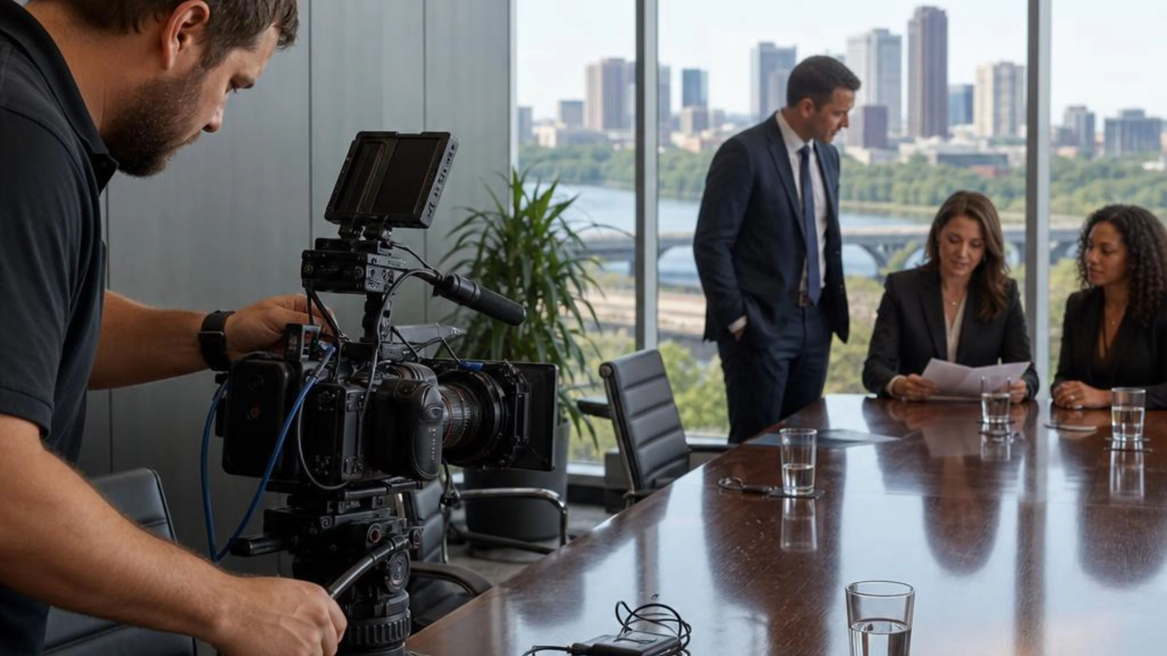 Legal videographer preparing professional camera and audio equipment for a proceeding in Arkansas, with Little Rock and the Arkansas River beyond the conference room