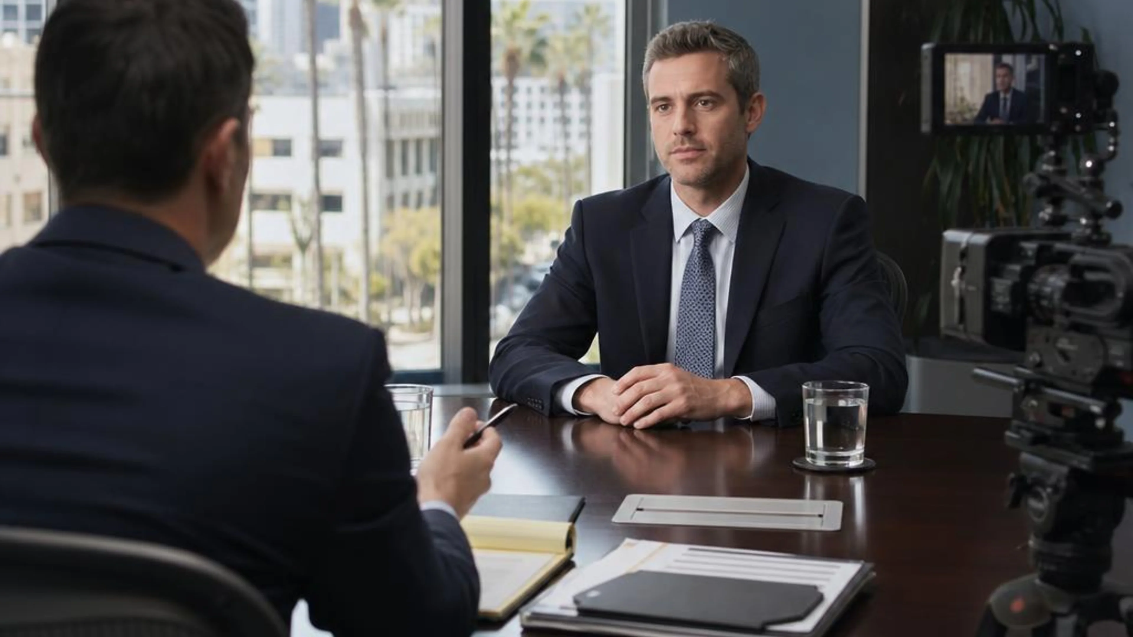 Videotaped deposition in California with counsel questioning a witness while a professional legal video camera records the testimony