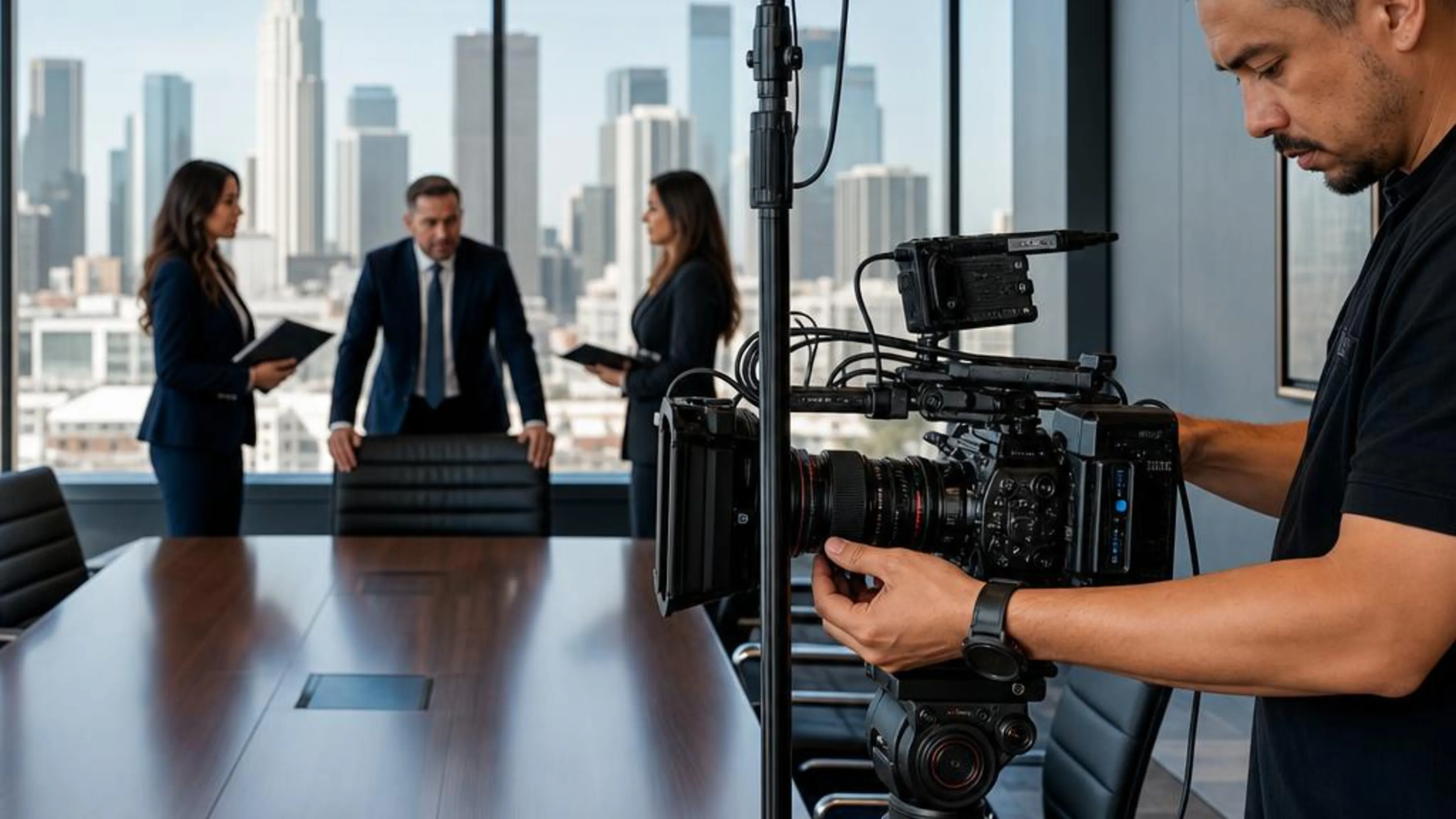 Legal videographer preparing professional camera and audio equipment for a proceeding in California, with the Los Angeles legal district beyond the conference room