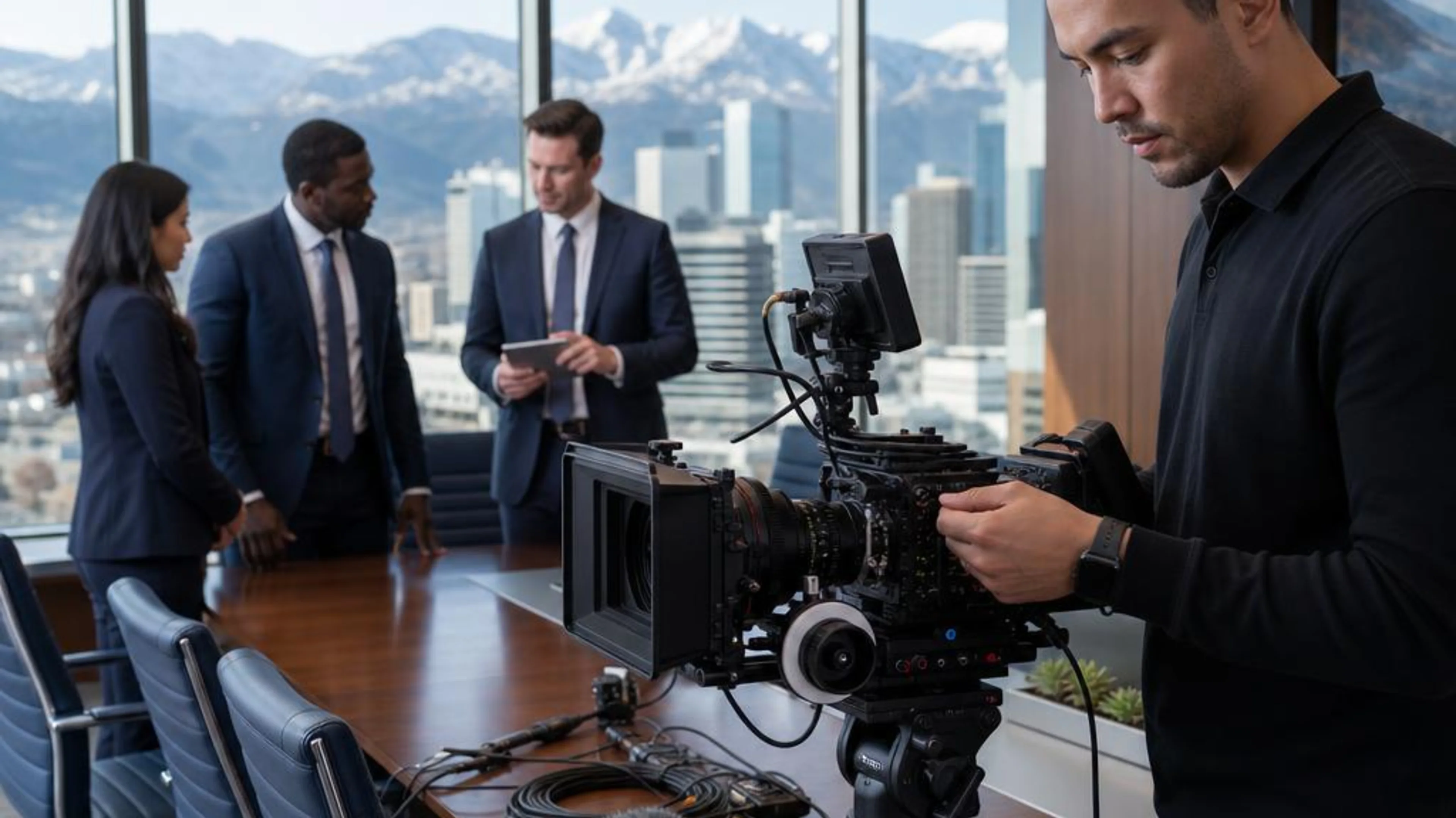 Legal videographer preparing professional camera and audio equipment for a proceeding in Colorado, with Denver and the Rocky Mountains beyond the conference room