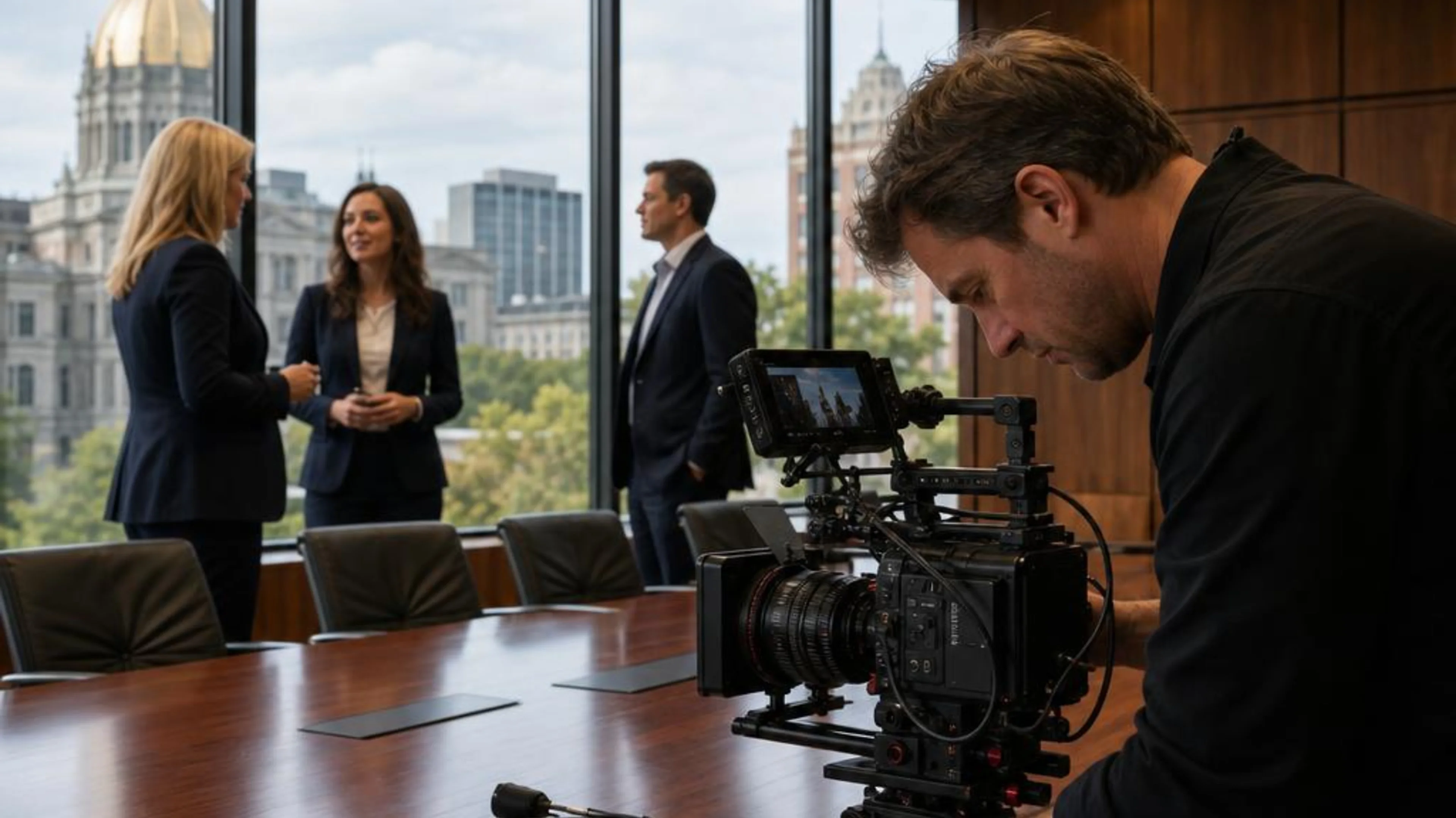Legal videographer preparing professional camera and audio equipment for a proceeding in Connecticut, with Hartford’s New England civic architecture beyond the conference room