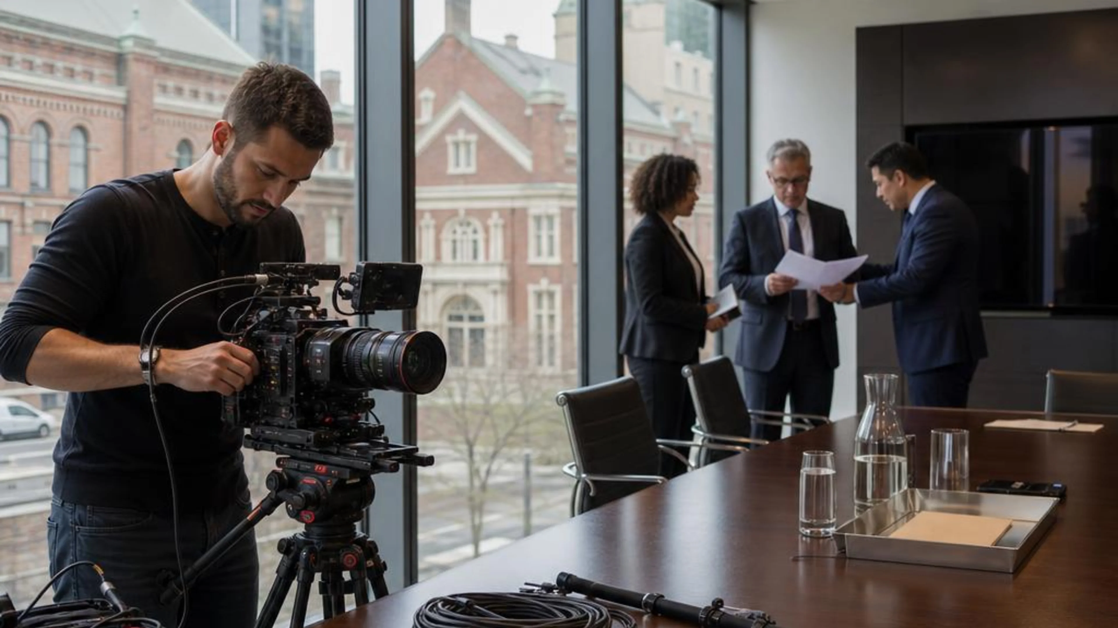 Legal videographer preparing professional camera and audio equipment for a proceeding in Delaware, with Wilmington’s brick civic district beyond the conference room