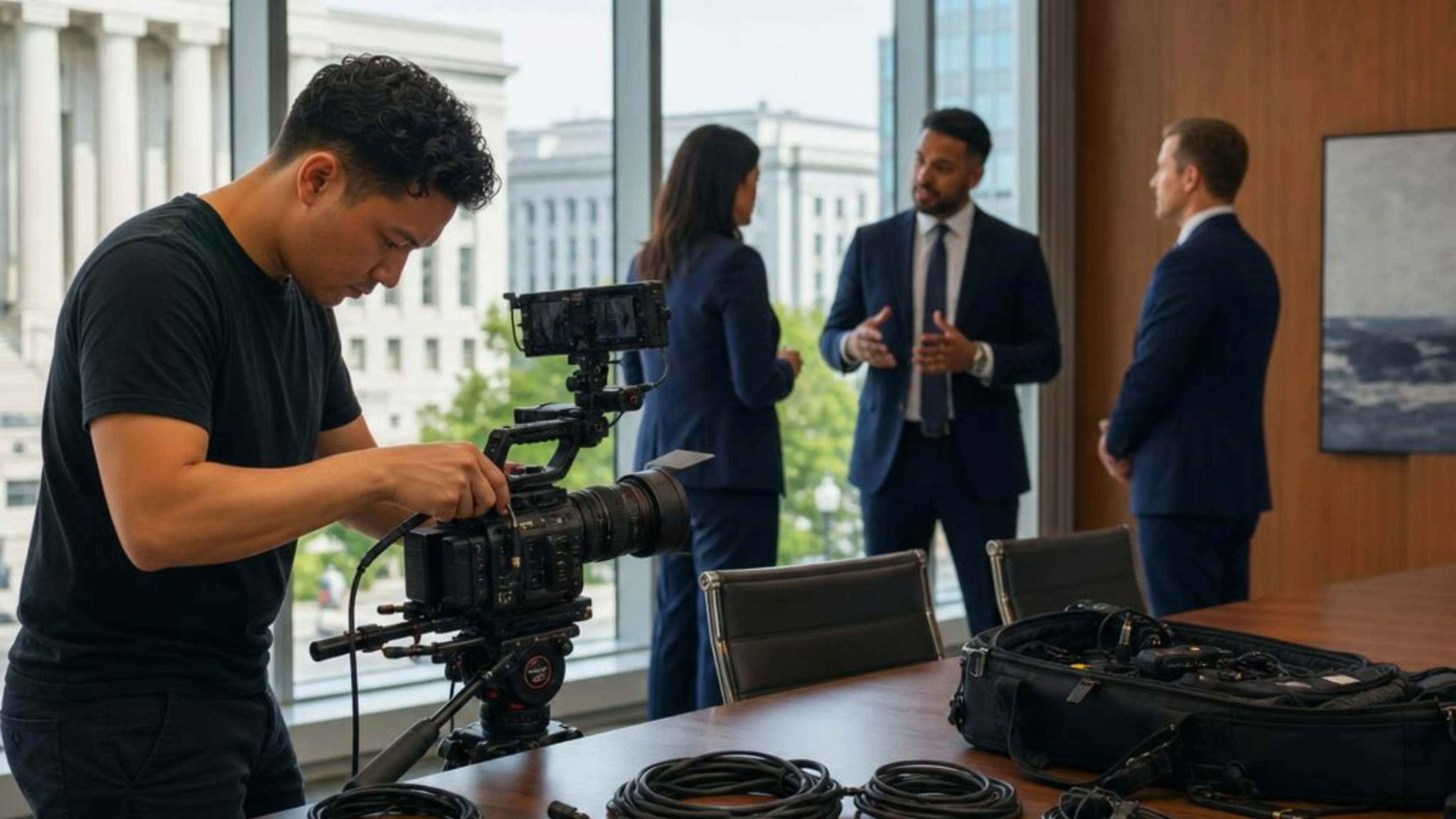 Legal videographer preparing professional camera and audio equipment for a proceeding in the District of Columbia, with Washington’s federal legal district beyond the conference room
