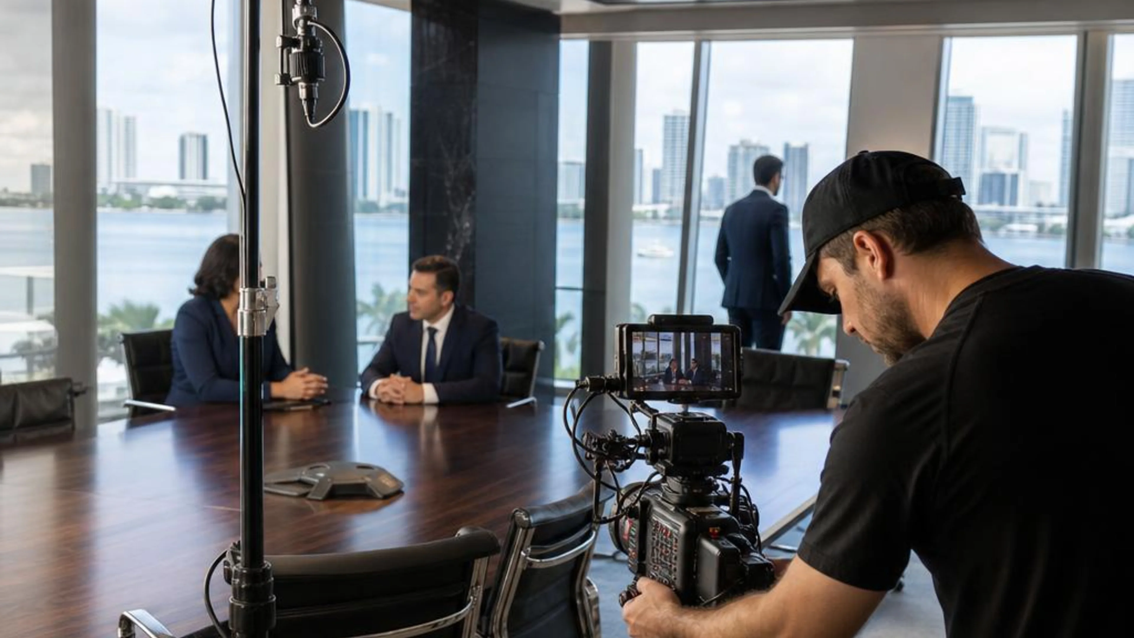 Legal videographer preparing professional camera and audio equipment for a proceeding in Florida, with Miami’s waterfront skyline beyond the conference room