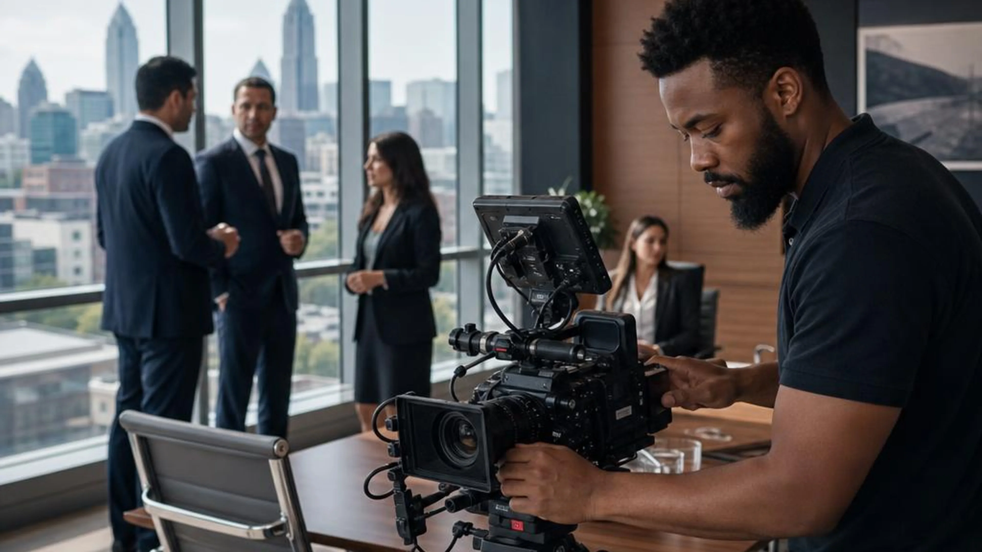 Legal videographer preparing professional camera and audio equipment for a proceeding in Georgia, with Atlanta’s downtown skyline beyond the conference room