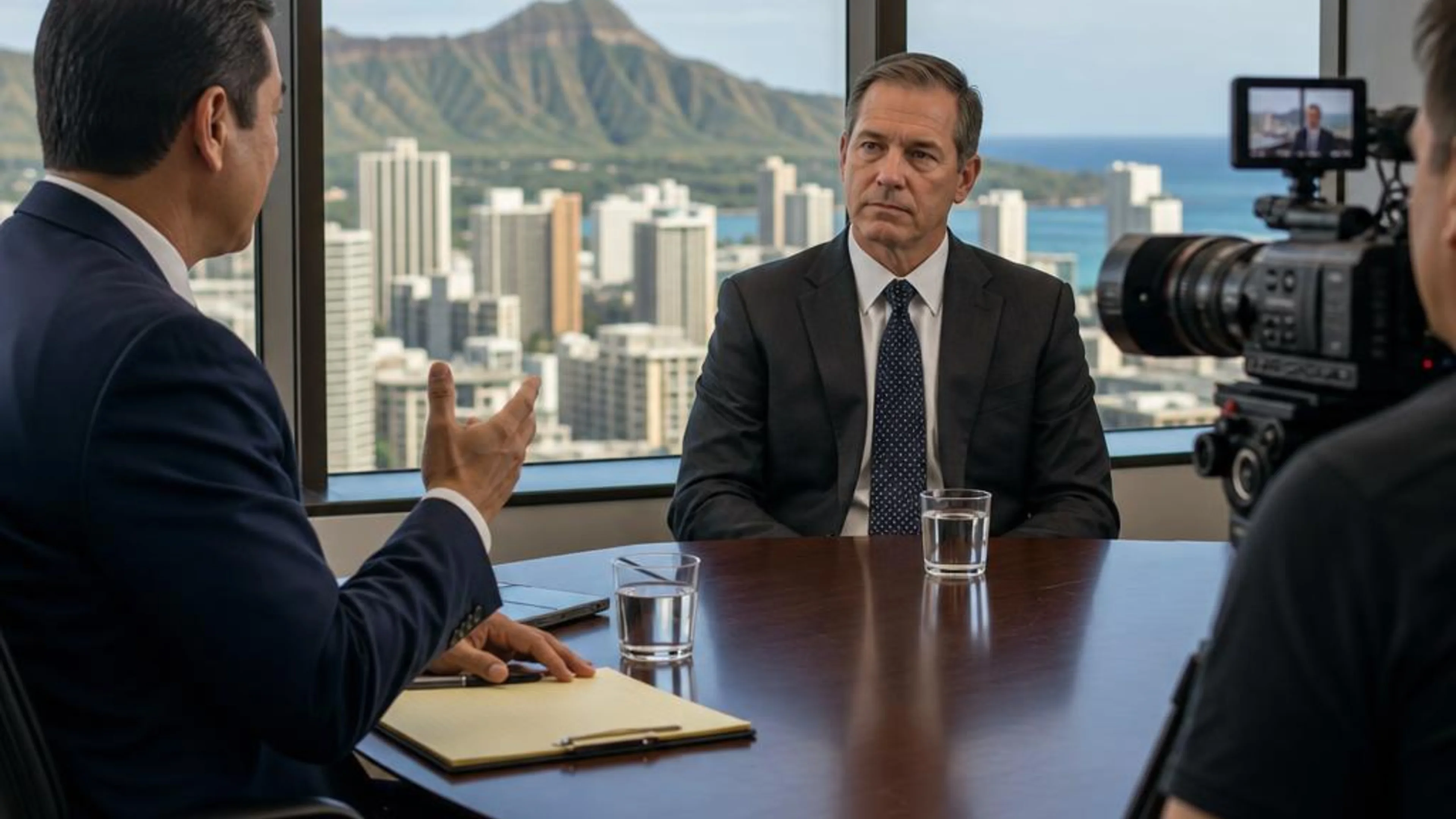 Videotaped deposition in Hawaii with counsel questioning a witness while a professional legal video camera records the testimony