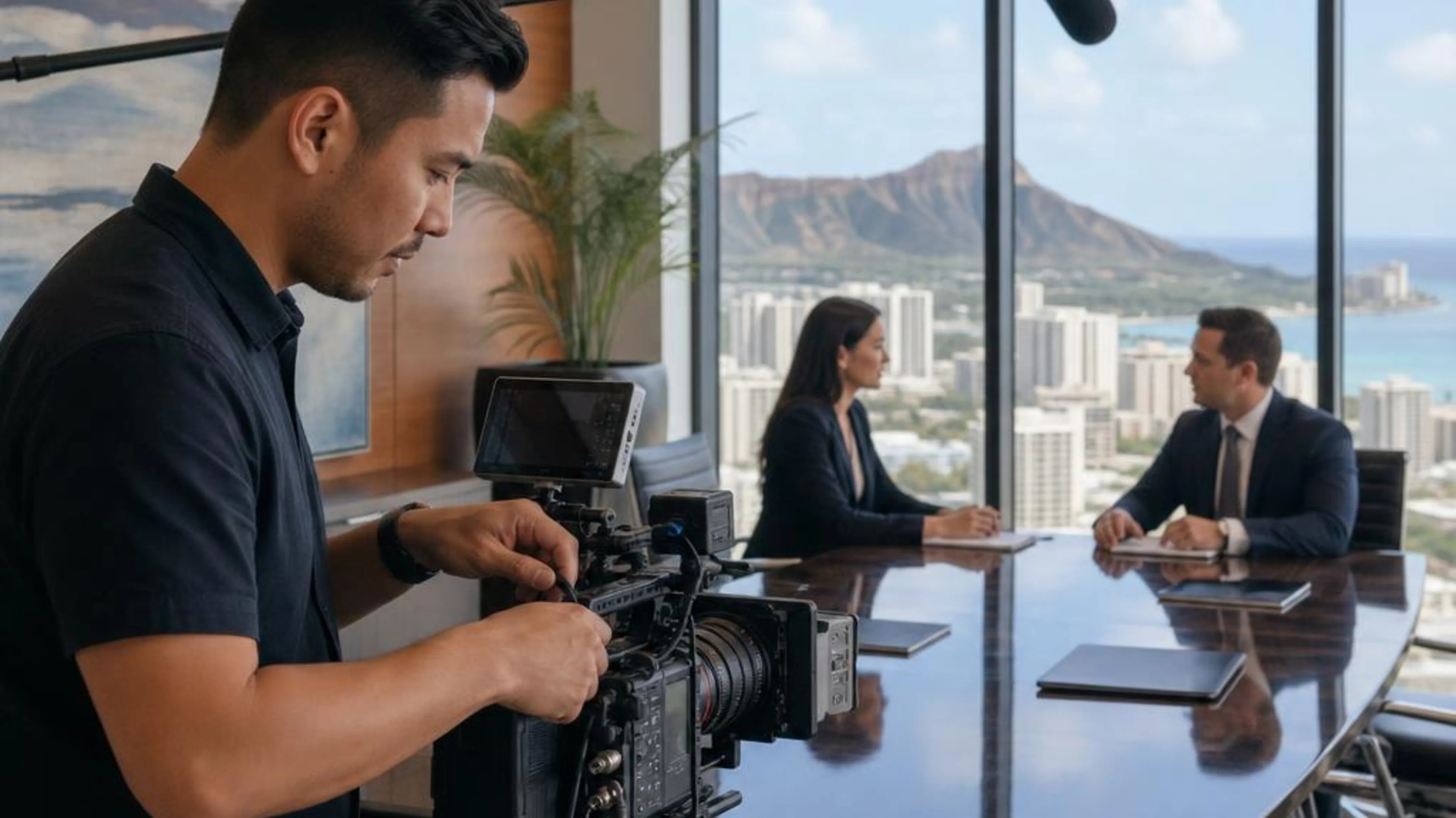Legal videographer preparing professional camera and audio equipment for a proceeding in Hawaii, with Honolulu and Diamond Head beyond the conference room