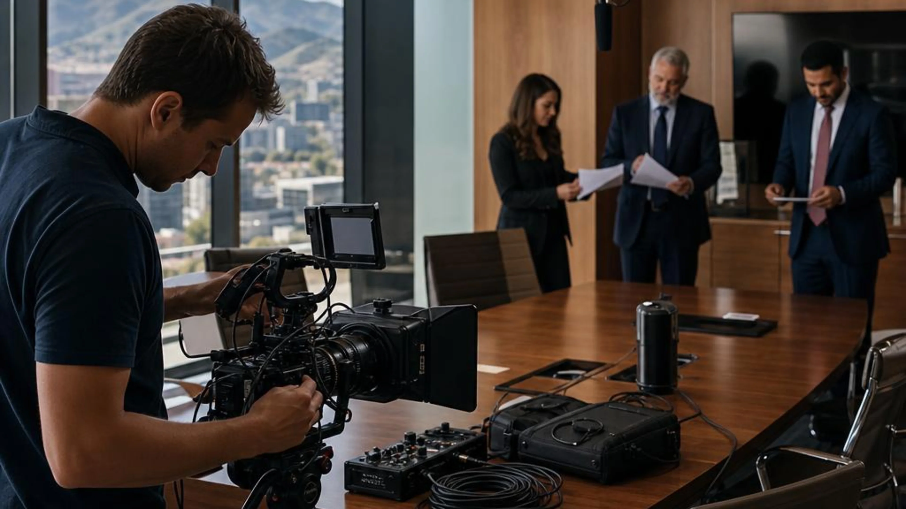 Legal videographer preparing professional camera and audio equipment for a proceeding in Idaho, with Boise and its surrounding foothills beyond the conference room