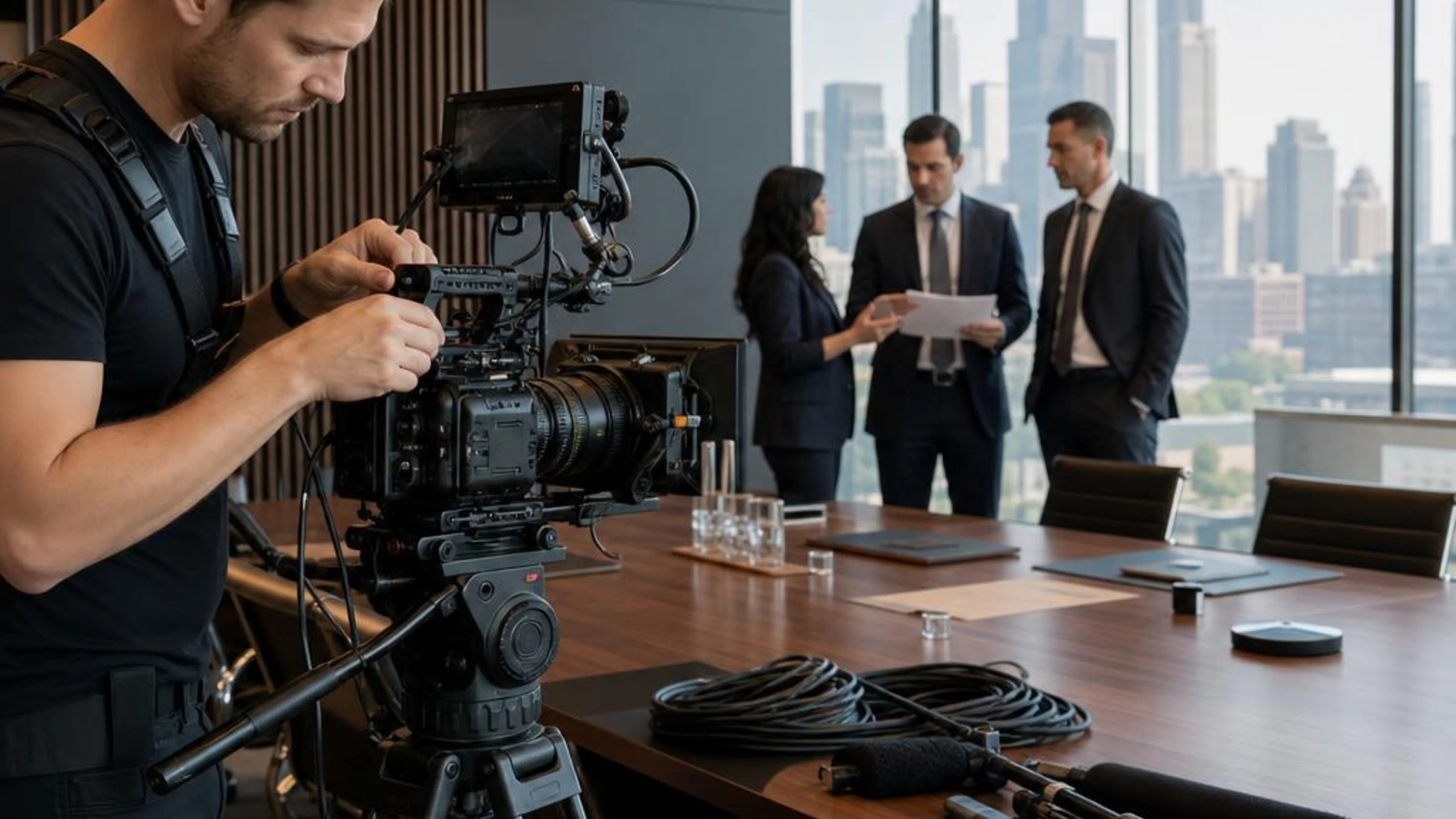 Legal videographer preparing professional camera and audio equipment for a proceeding in Illinois, with Chicago’s urban legal district beyond the conference room
