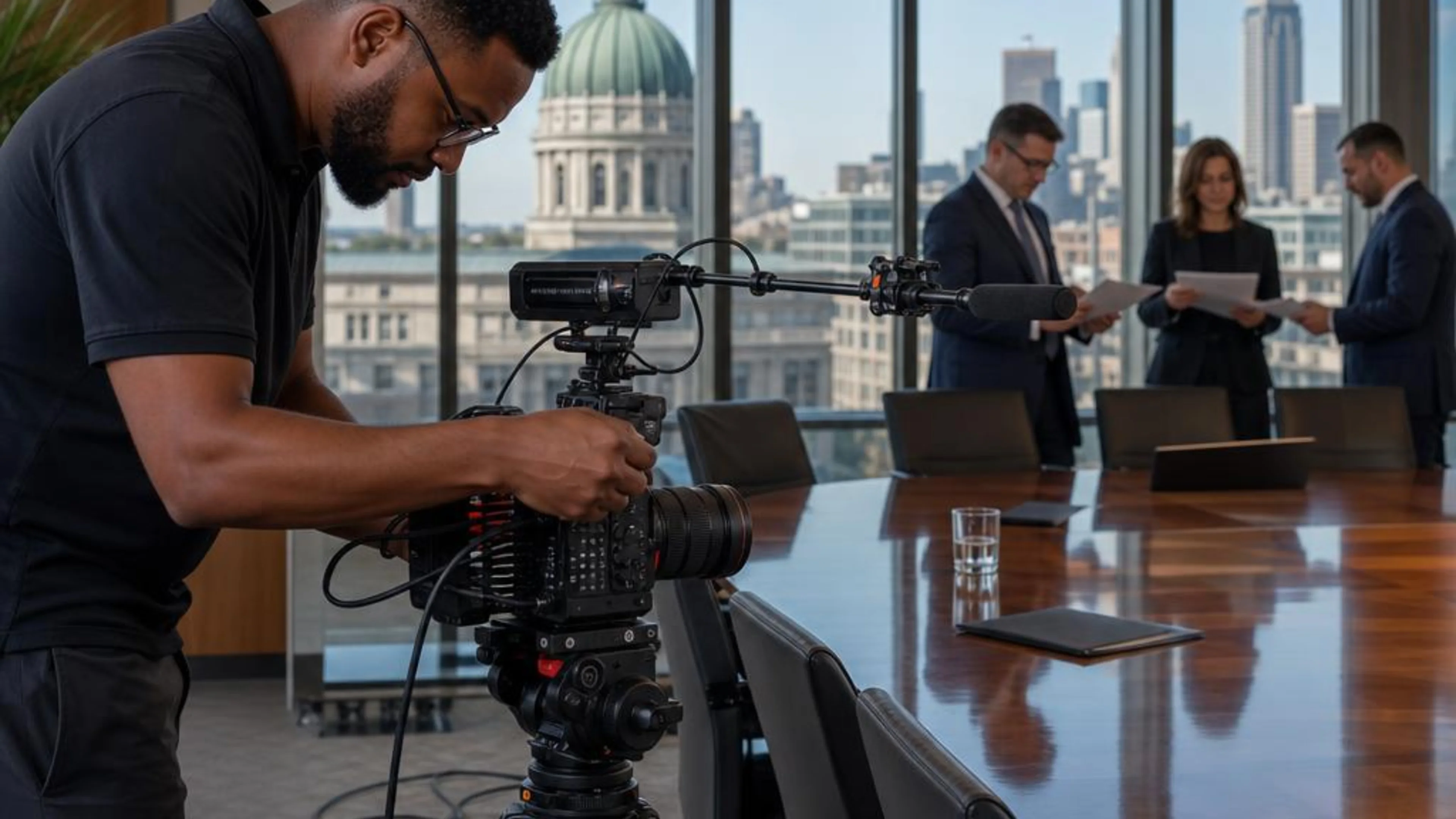 Legal videographer preparing professional camera and audio equipment for a proceeding in Indiana, with Indianapolis civic architecture beyond the conference room