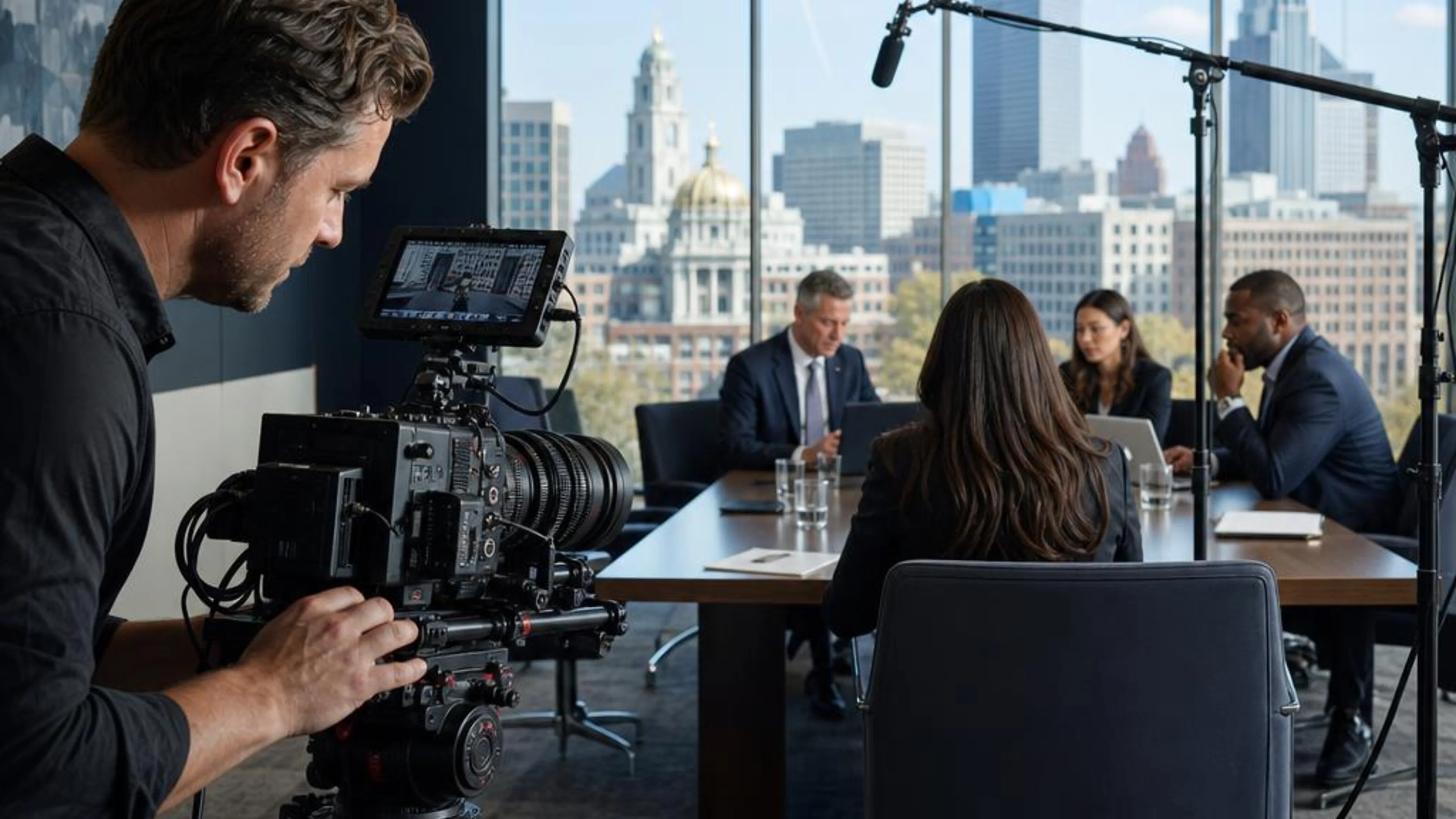Legal videographer preparing professional camera and audio equipment for a proceeding in Iowa, with the Des Moines skyline beyond the conference room