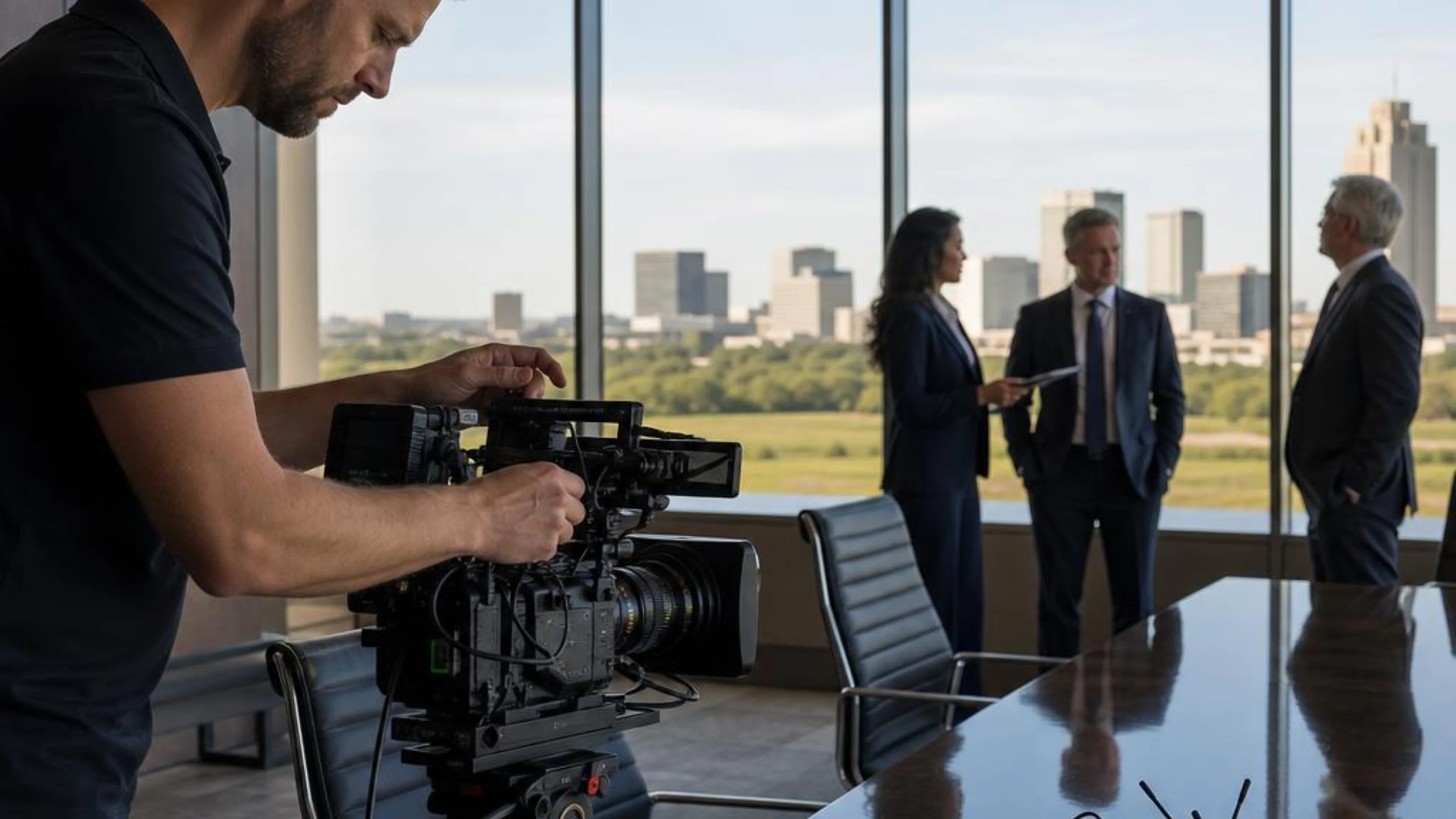 Legal videographer preparing professional camera and audio equipment for a proceeding in Kansas, with Wichita and the open prairie beyond the conference room