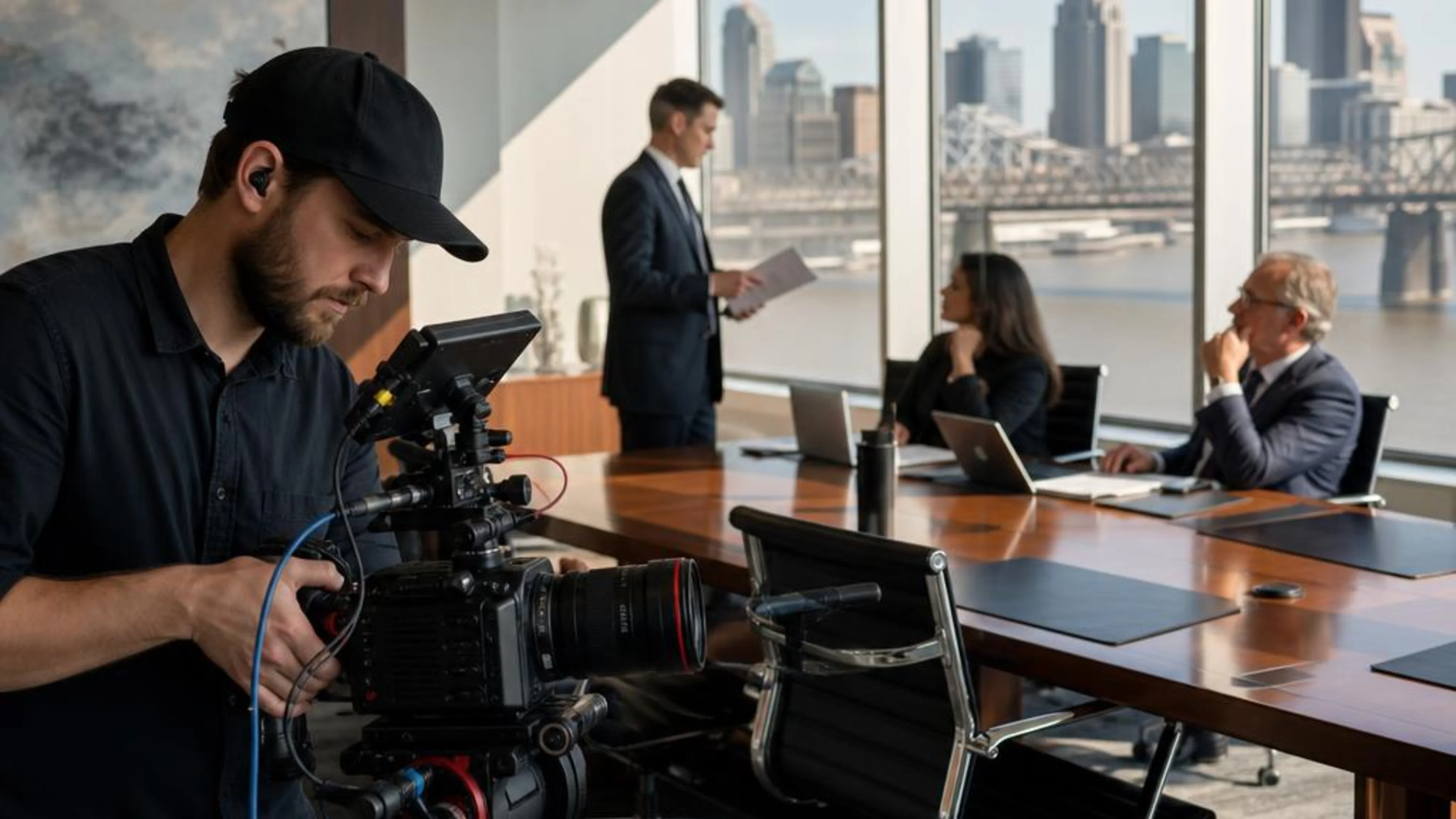 Legal videographer preparing professional camera and audio equipment for a proceeding in Kentucky, with Louisville and the Ohio River beyond the conference room