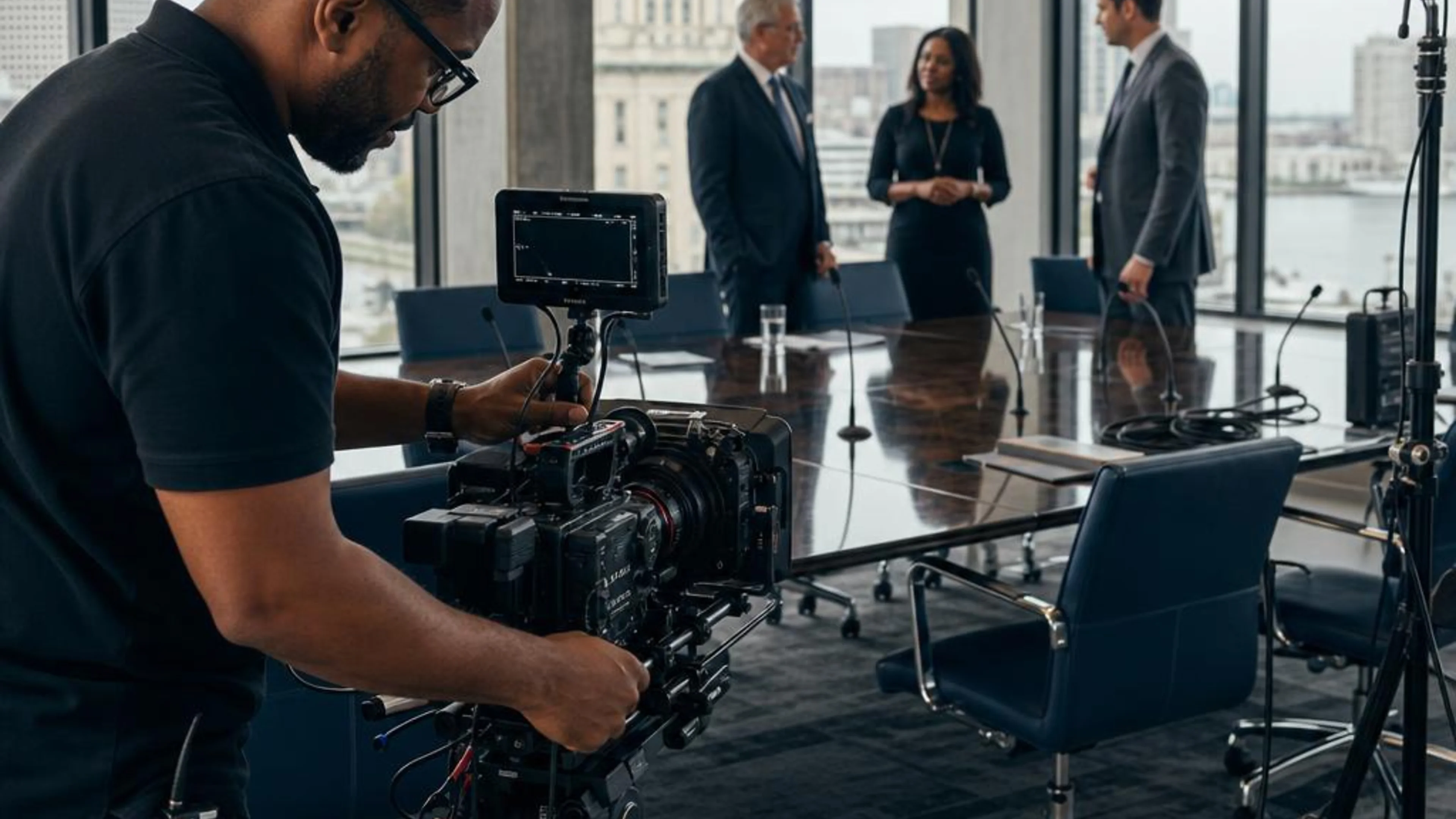 Legal videographer preparing professional camera and audio equipment for a proceeding in Louisiana, with New Orleans civic architecture beyond the conference room