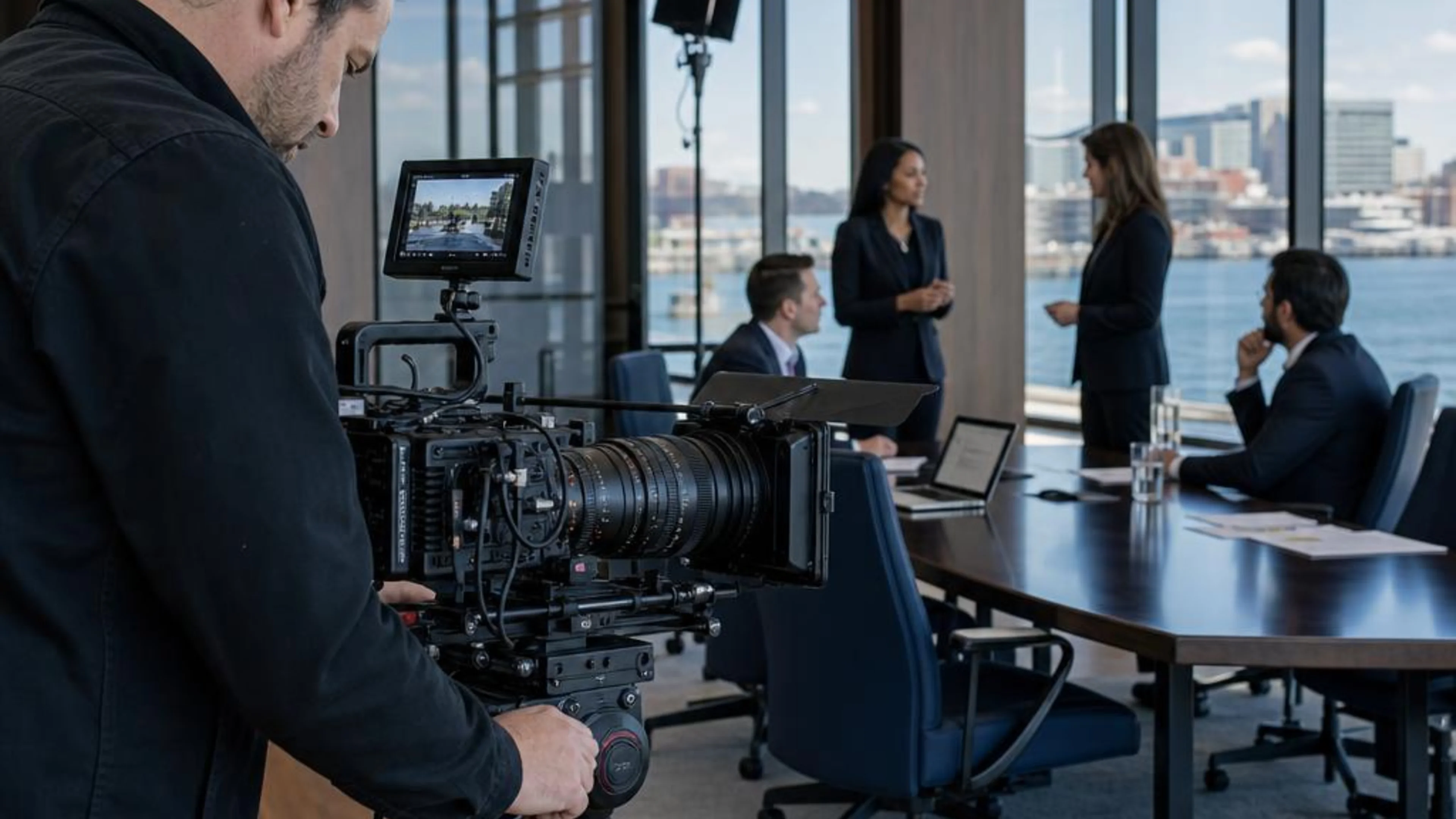 Legal videographer preparing professional camera and audio equipment for a proceeding in Maine, with Portland’s waterfront district beyond the conference room