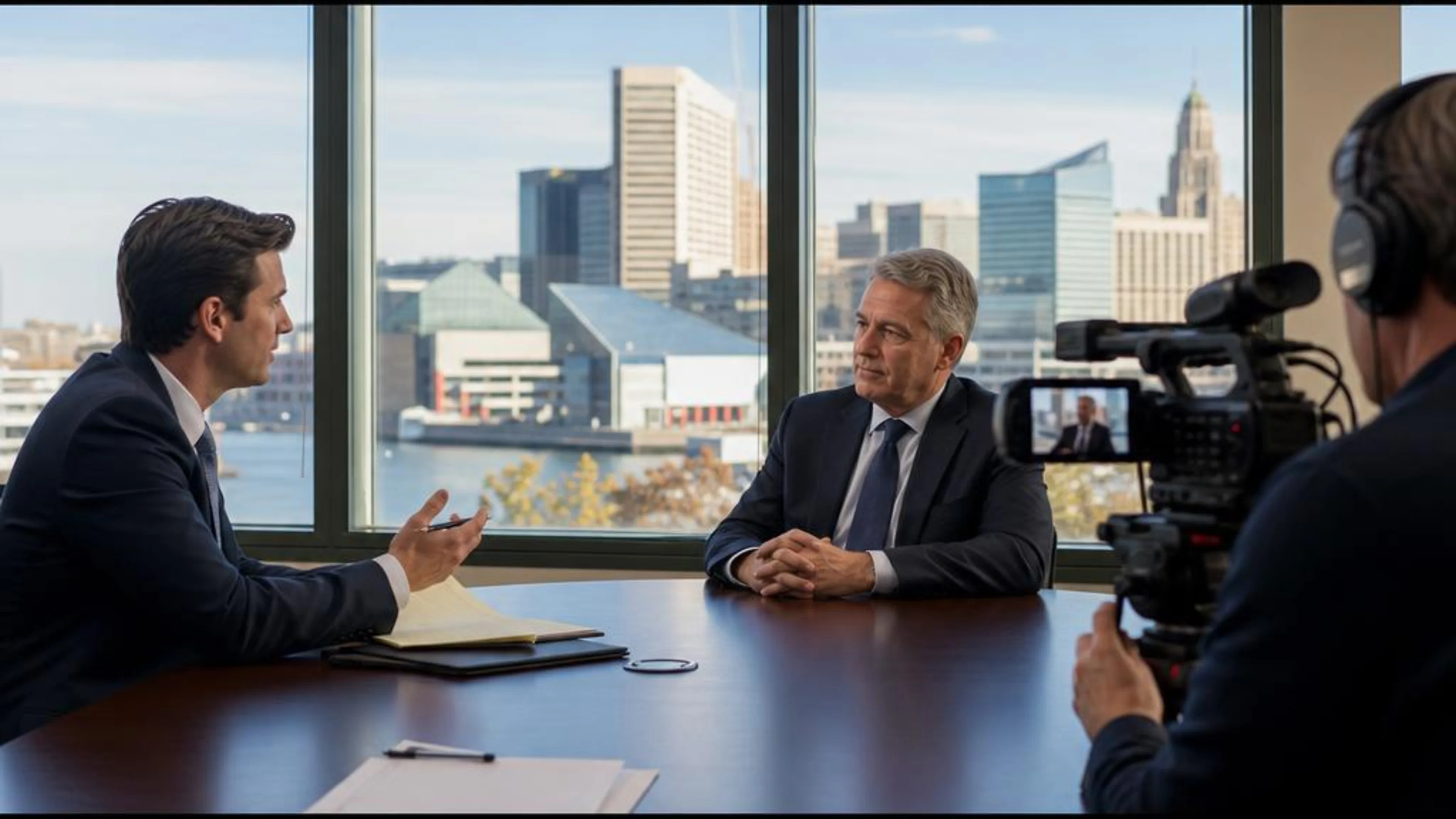 Videotaped deposition in Maryland with counsel questioning a witness while a professional legal video camera records the testimony