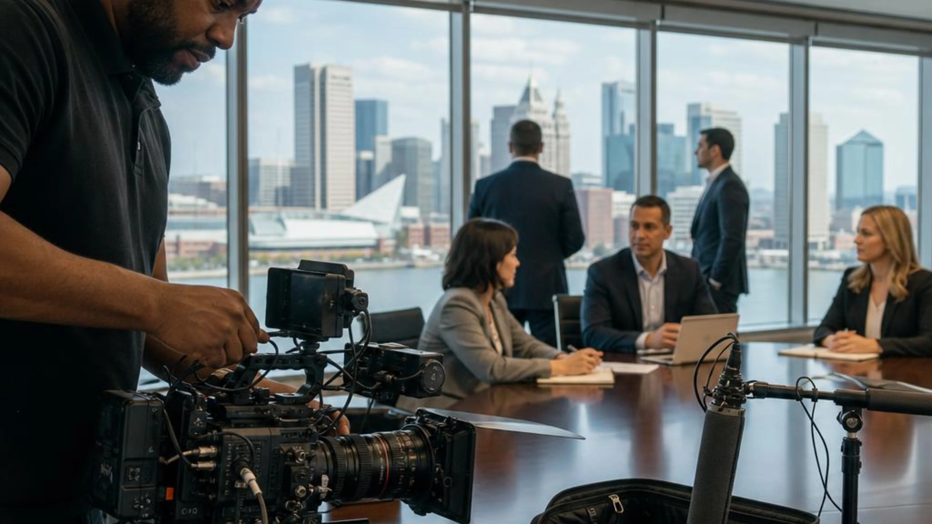 Legal videographer preparing professional camera and audio equipment for a proceeding in Maryland, with Baltimore’s waterfront skyline beyond the conference room