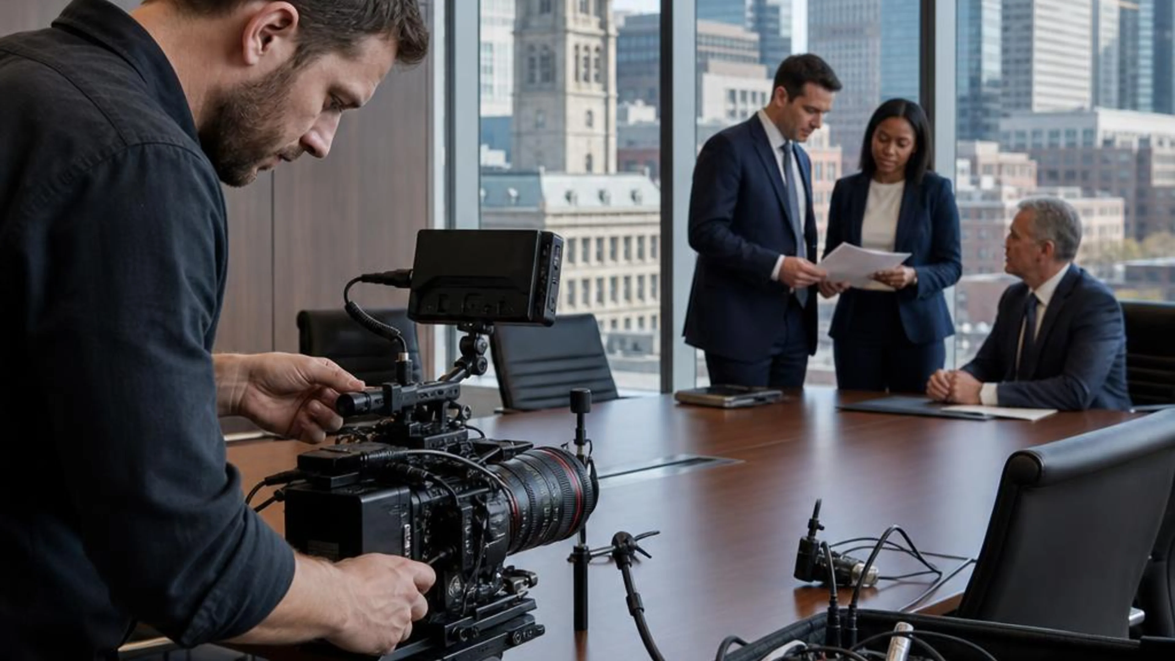 Legal videographer preparing professional camera and audio equipment for a proceeding in Massachusetts, with Boston’s historic legal district beyond the conference room