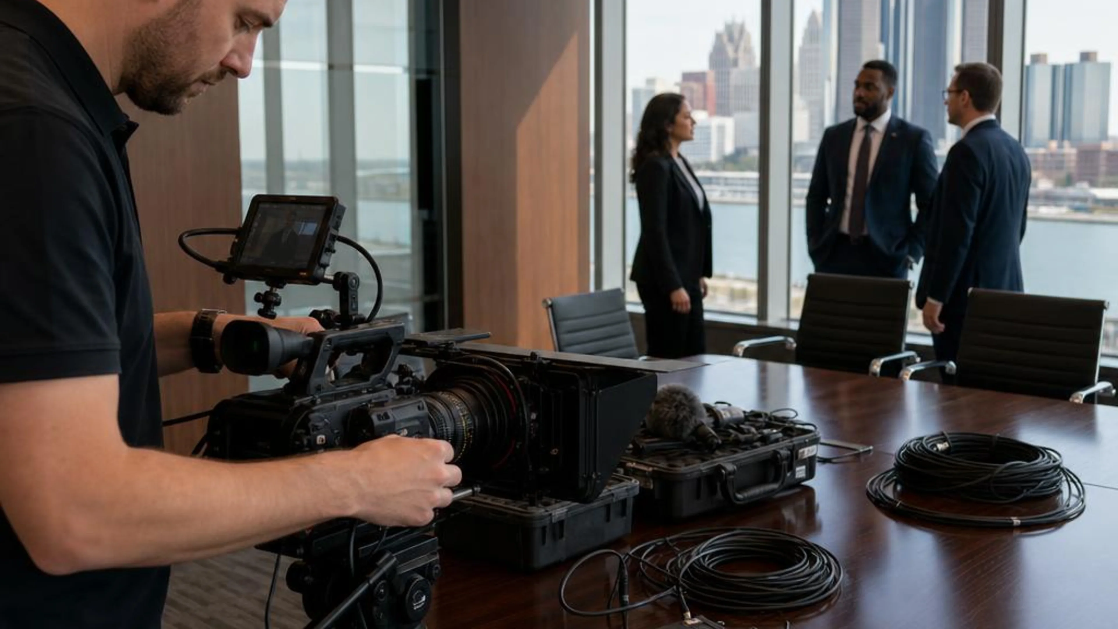 Legal videographer preparing professional camera and audio equipment for a proceeding in Michigan, with Detroit and the Great Lakes beyond the conference room
