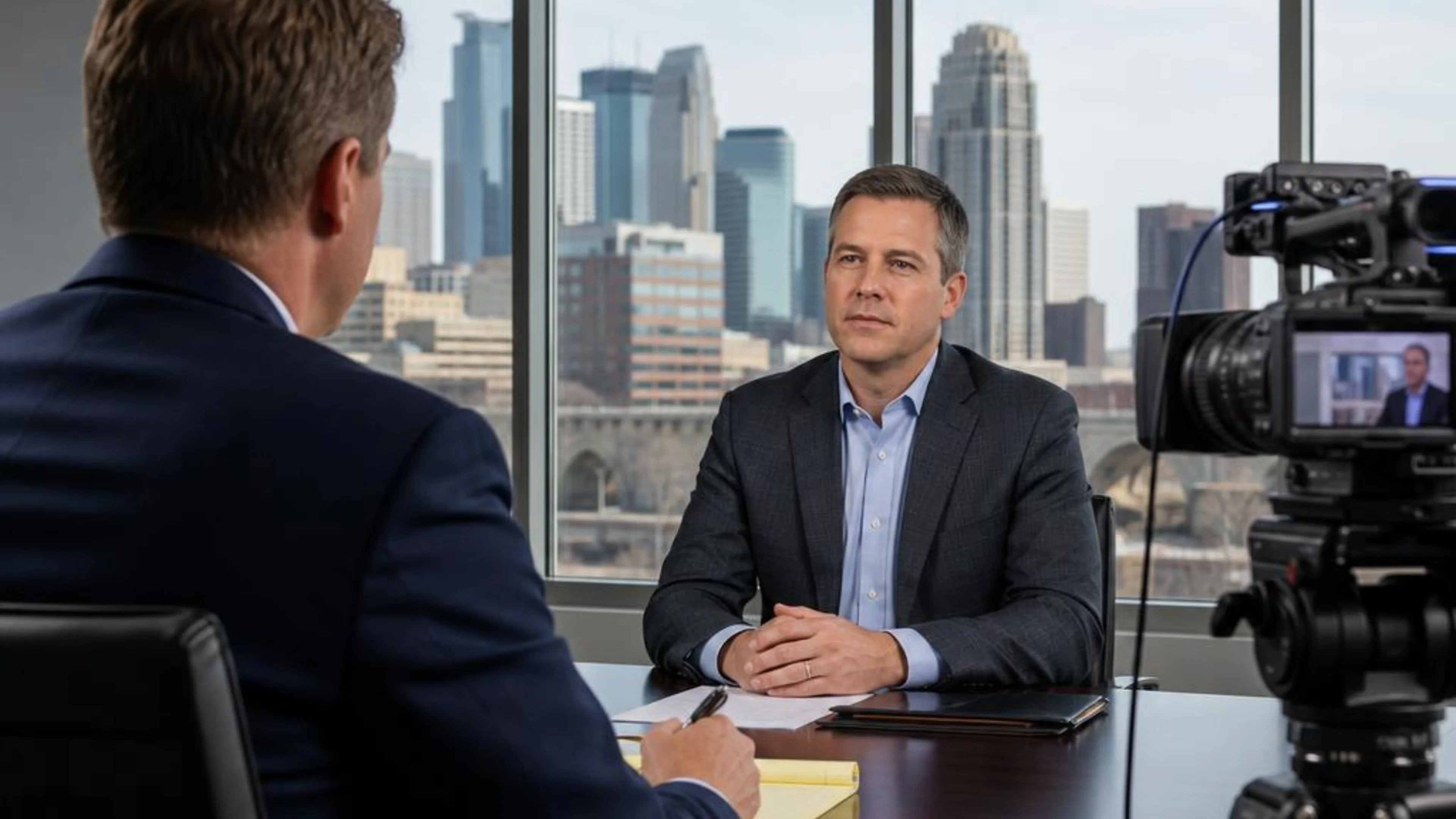 Videotaped deposition in Minnesota with counsel questioning a witness while a professional legal video camera records the testimony