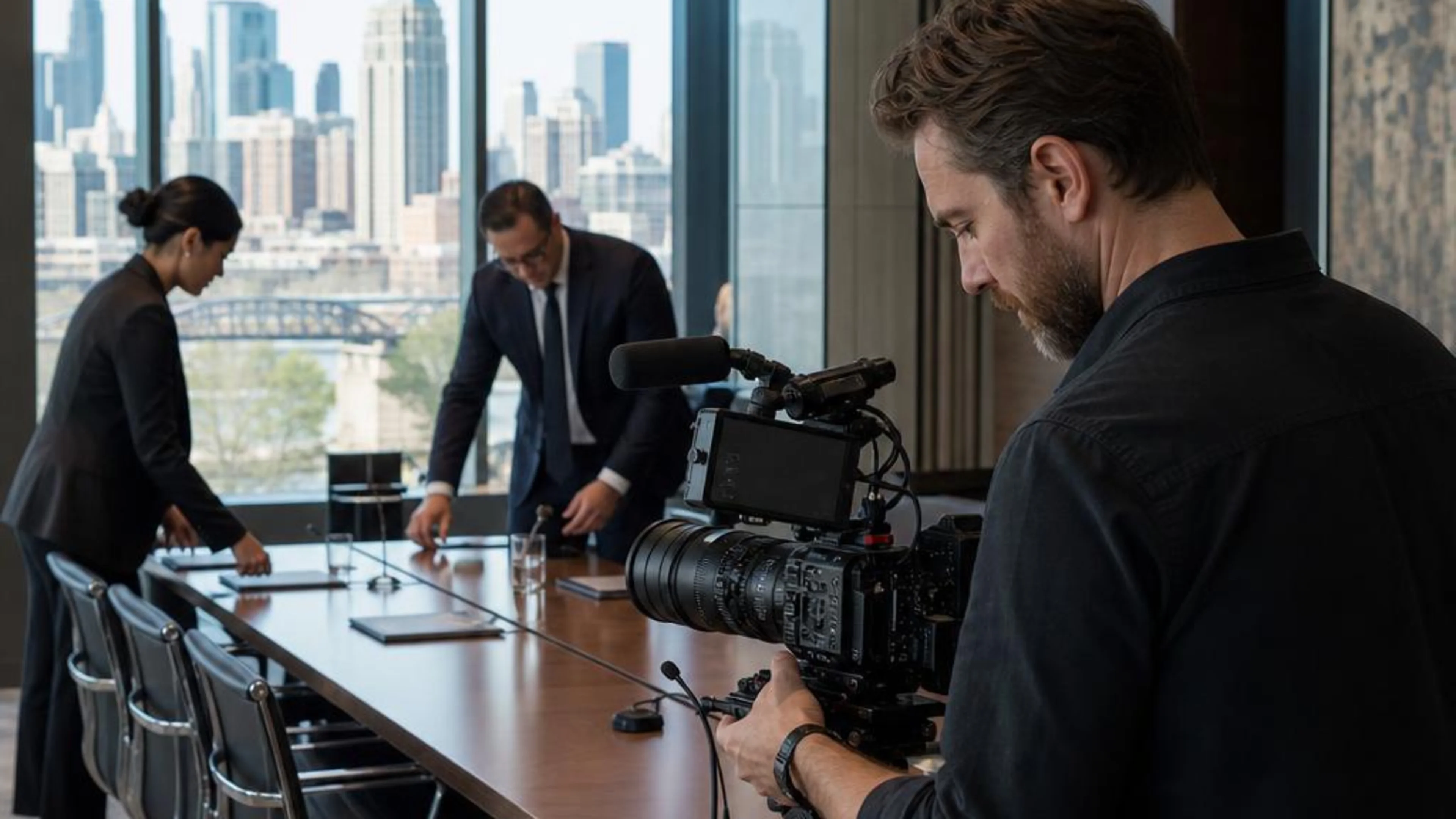 Legal videographer preparing professional camera and audio equipment for a proceeding in Minnesota, with the Minneapolis skyline beyond the conference room