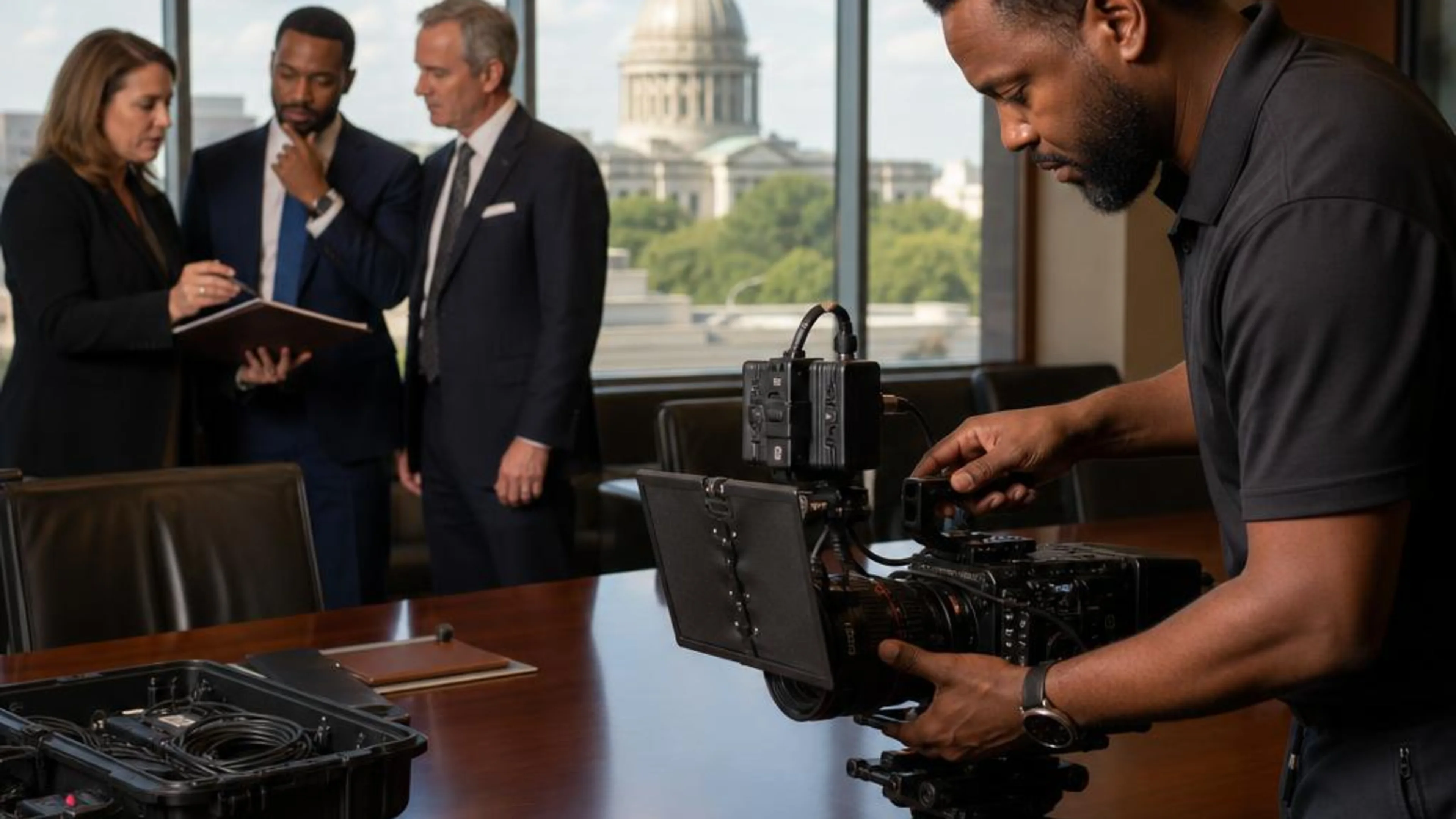 Legal videographer preparing professional camera and audio equipment for a proceeding in Mississippi, with Jackson’s civic district beyond the conference room