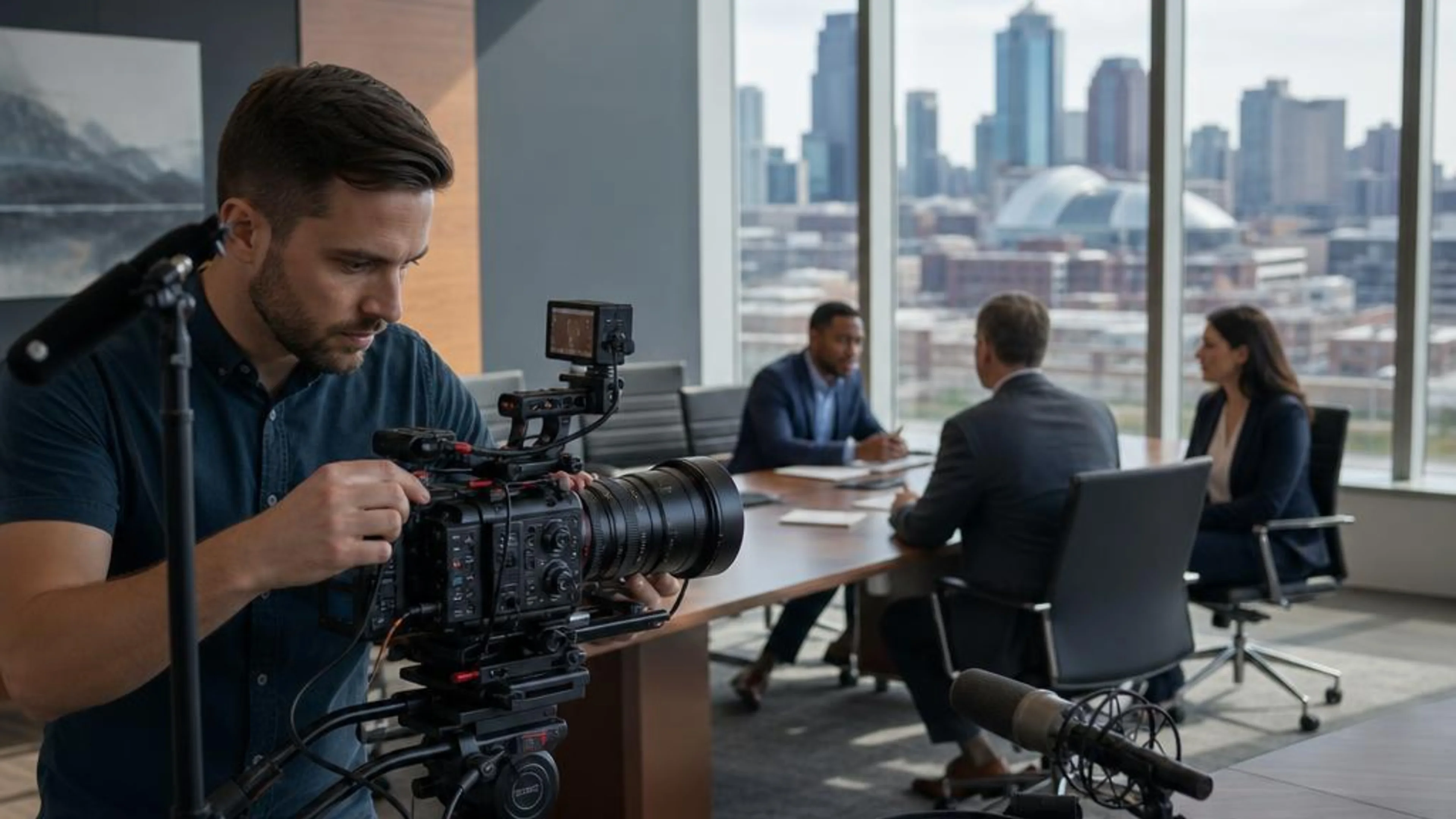 Legal videographer preparing professional camera and audio equipment for a proceeding in Missouri, with the Kansas City skyline beyond the conference room