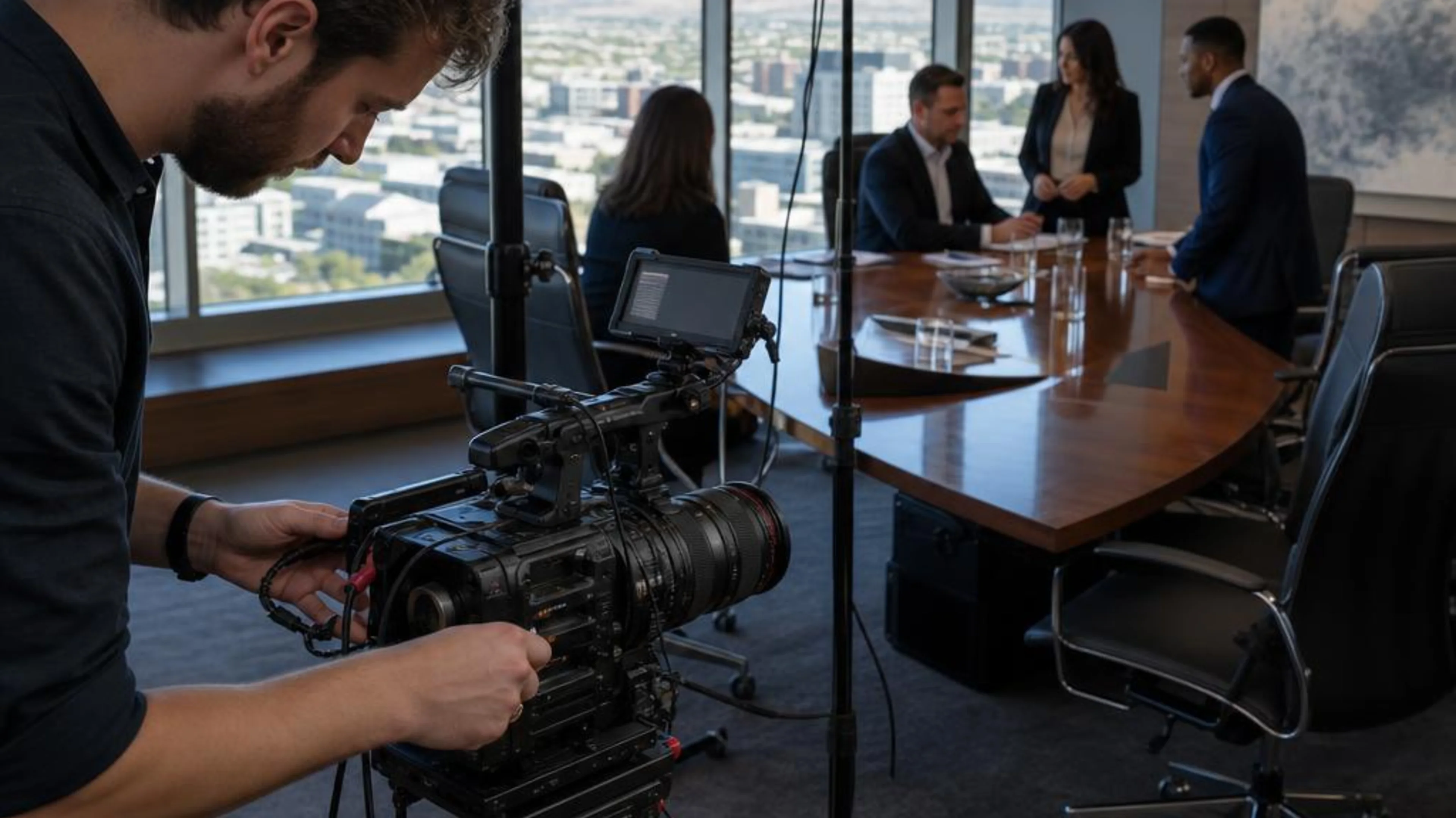 Legal videographer preparing professional camera and audio equipment for a proceeding in Montana, with Billings and the distant mountains beyond the conference room