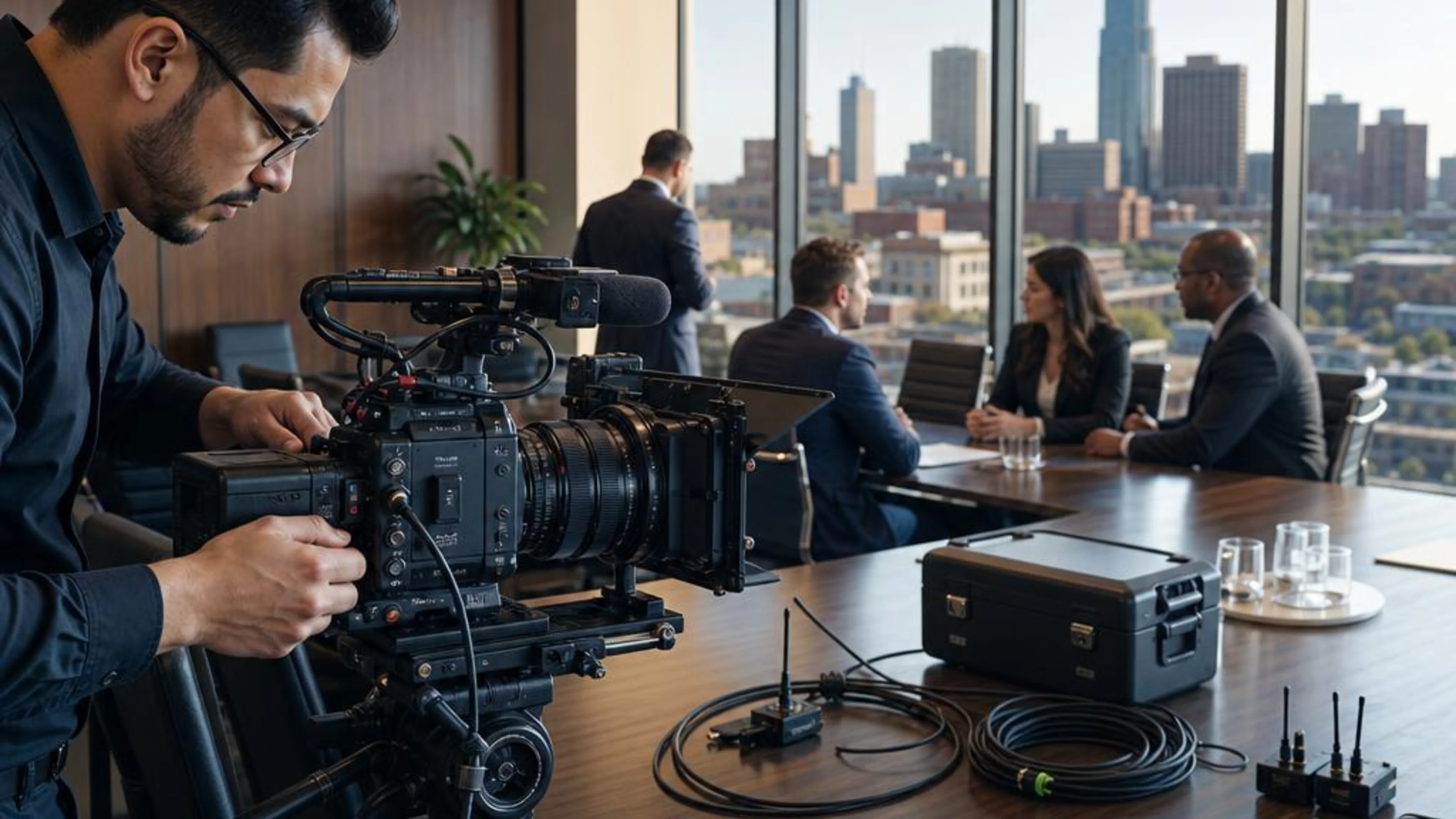 Legal videographer preparing professional camera and audio equipment for a proceeding in Nebraska, with Omaha and the Great Plains beyond the conference room