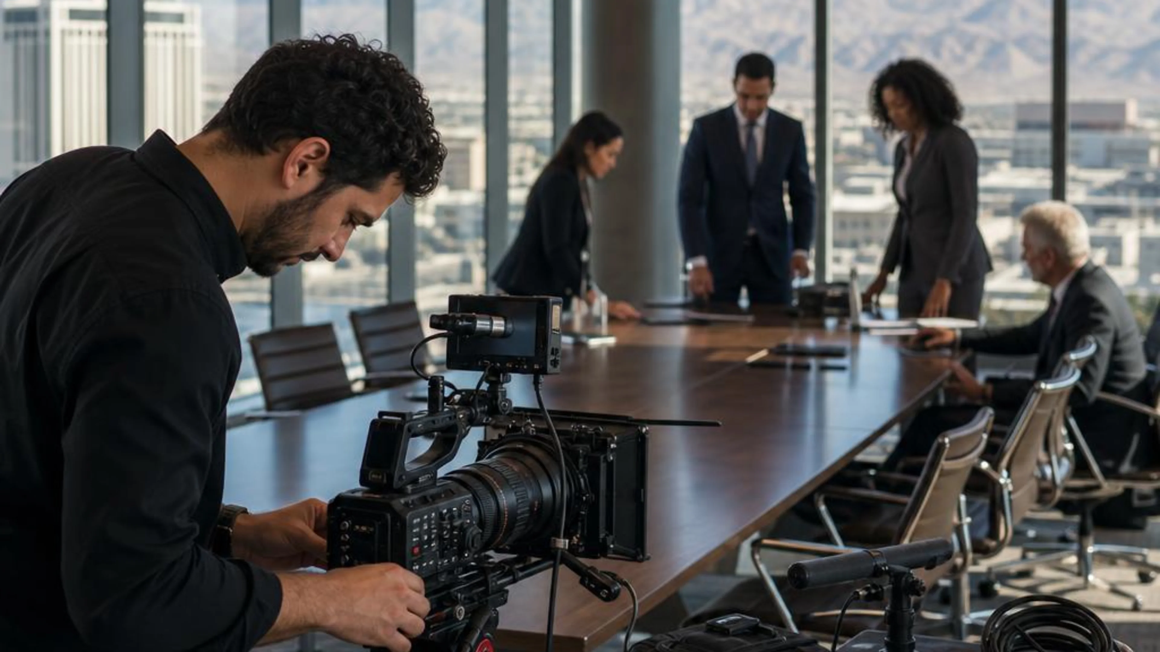Legal videographer preparing professional camera and audio equipment for a proceeding in Nevada, with Las Vegas and the Mojave mountains beyond the conference room