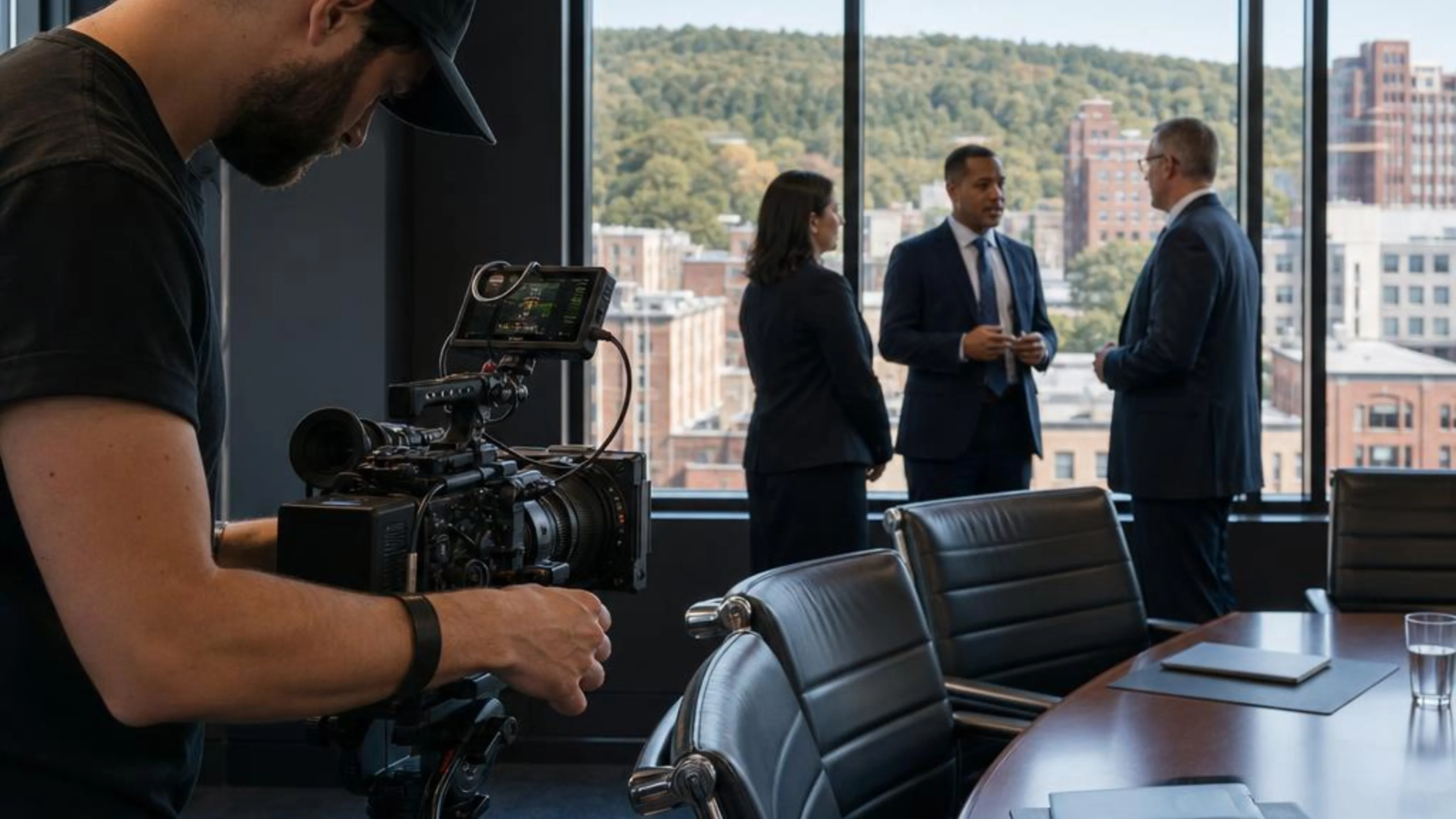 Legal videographer preparing professional camera and audio equipment for a proceeding in New Hampshire, with Manchester and wooded New England hills beyond the conference room