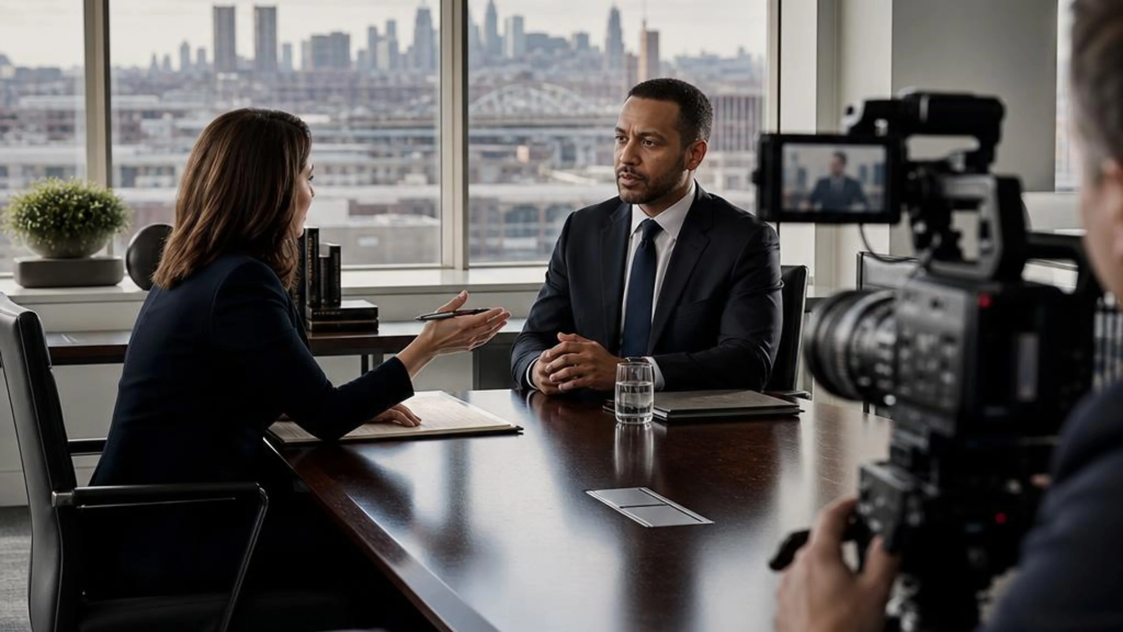 Videotaped deposition in New Jersey with counsel questioning a witness while a professional legal video camera records the testimony